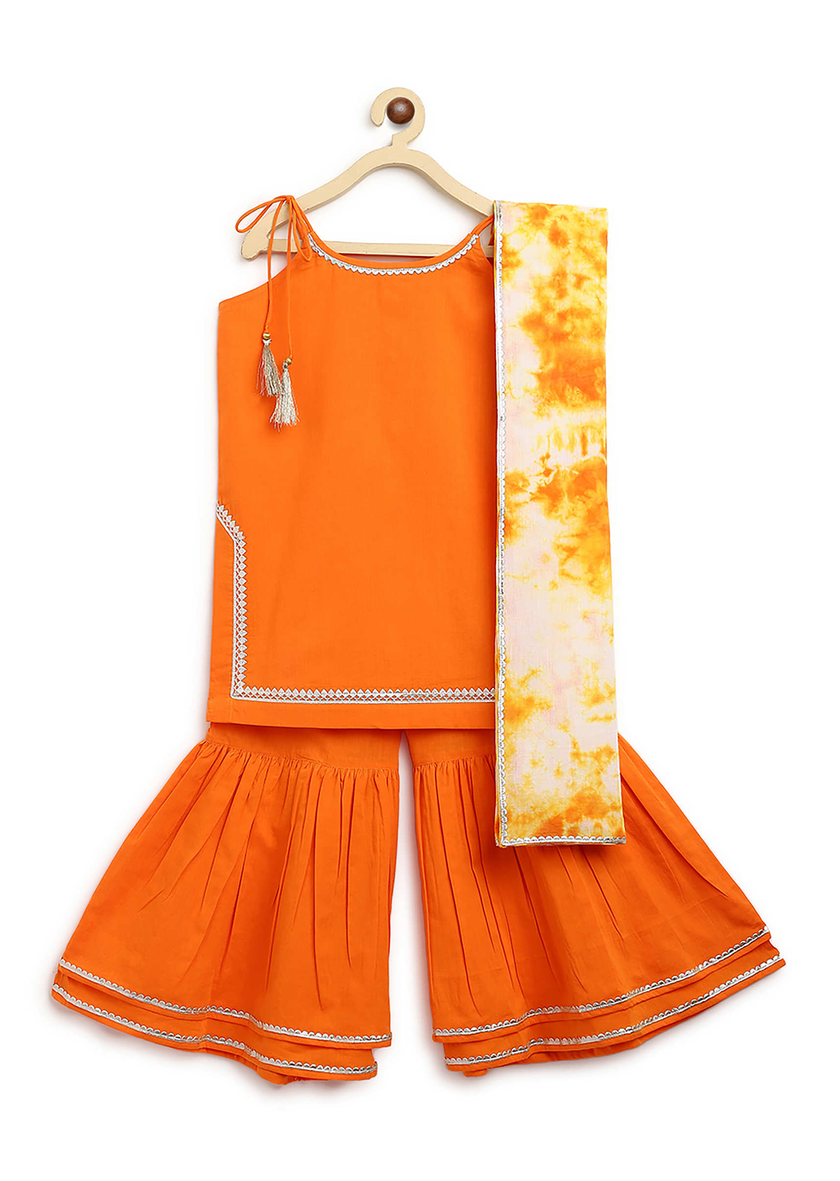 Kalki Girls Orange Strappy Straight Cut Sharara Suit With Gotta Patti Work And A Tie Dye Dupatta By Tiber Taber
