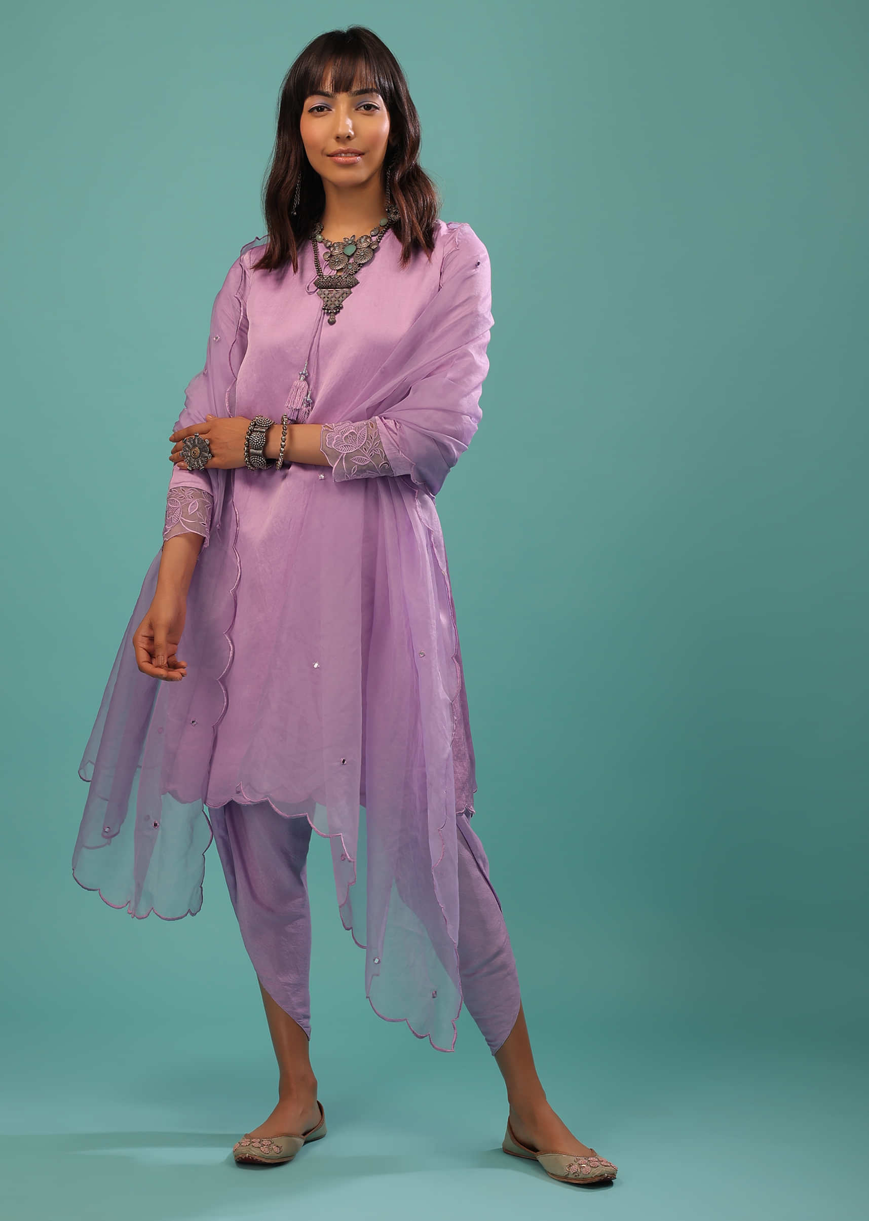Lavender Purple Linen Silk Dhoti Suit With Floral Embroidered Organza Cuffs
