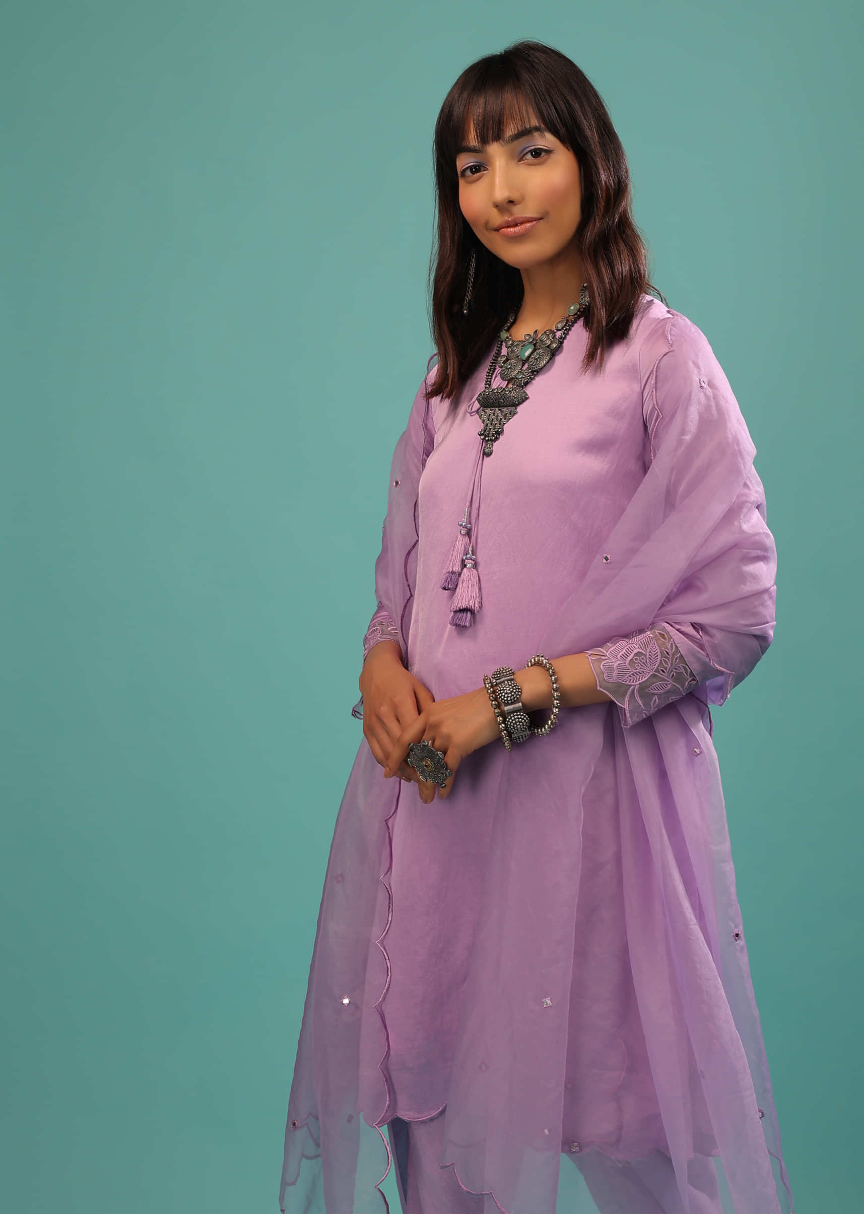Lavender Purple Linen Silk Dhoti Suit With Floral Embroidered Organza Cuffs