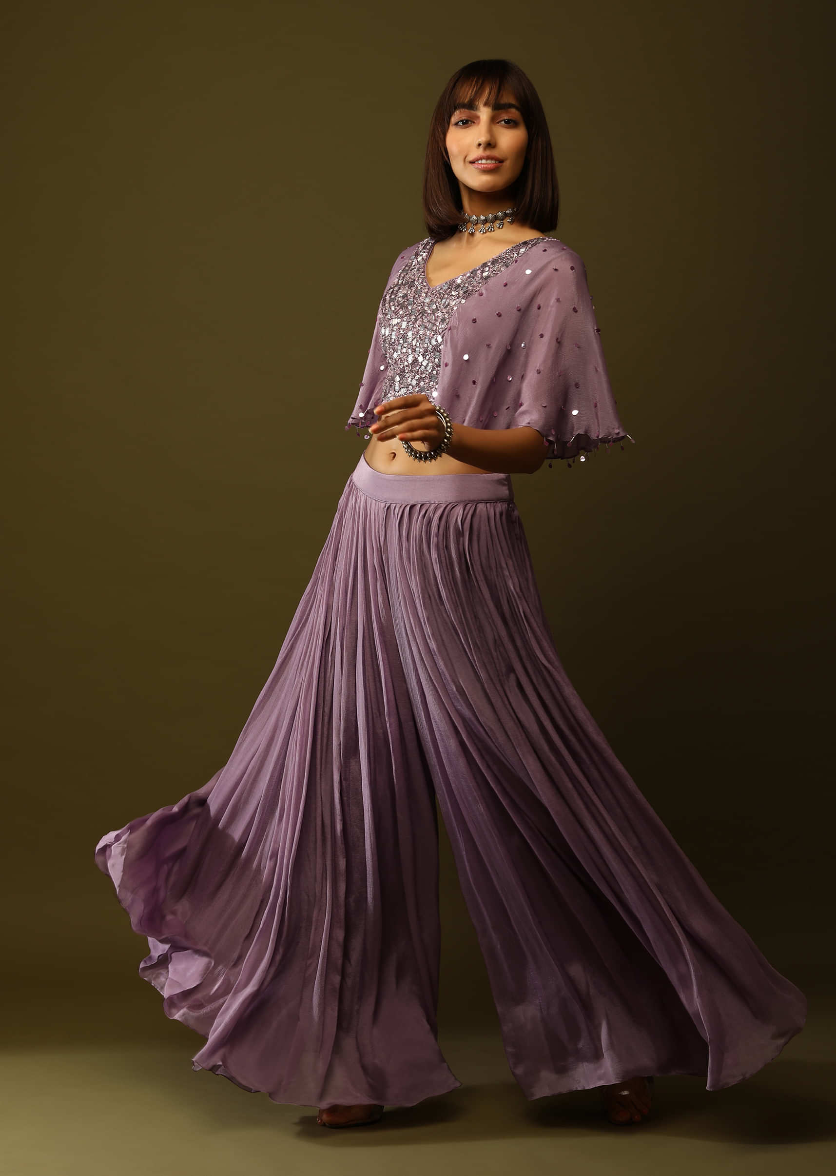 Orchid Purple Palazzo And Crop Top Suit With Cut Dana And Sequins Embroidery And Cape Sleeves  