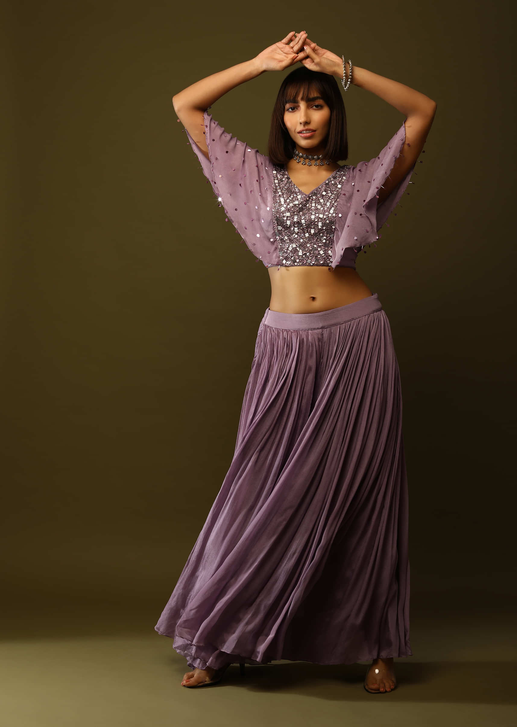 Orchid Purple Palazzo And Crop Top Suit With Cut Dana And Sequins Embroidery And Cape Sleeves  