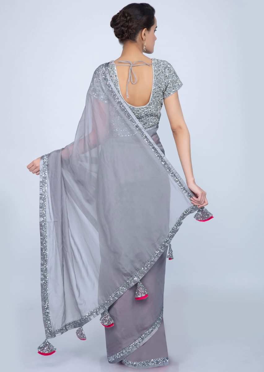 Grey Organza Saree With Sequins Embroidered Blouse Online - Kalki Fashion