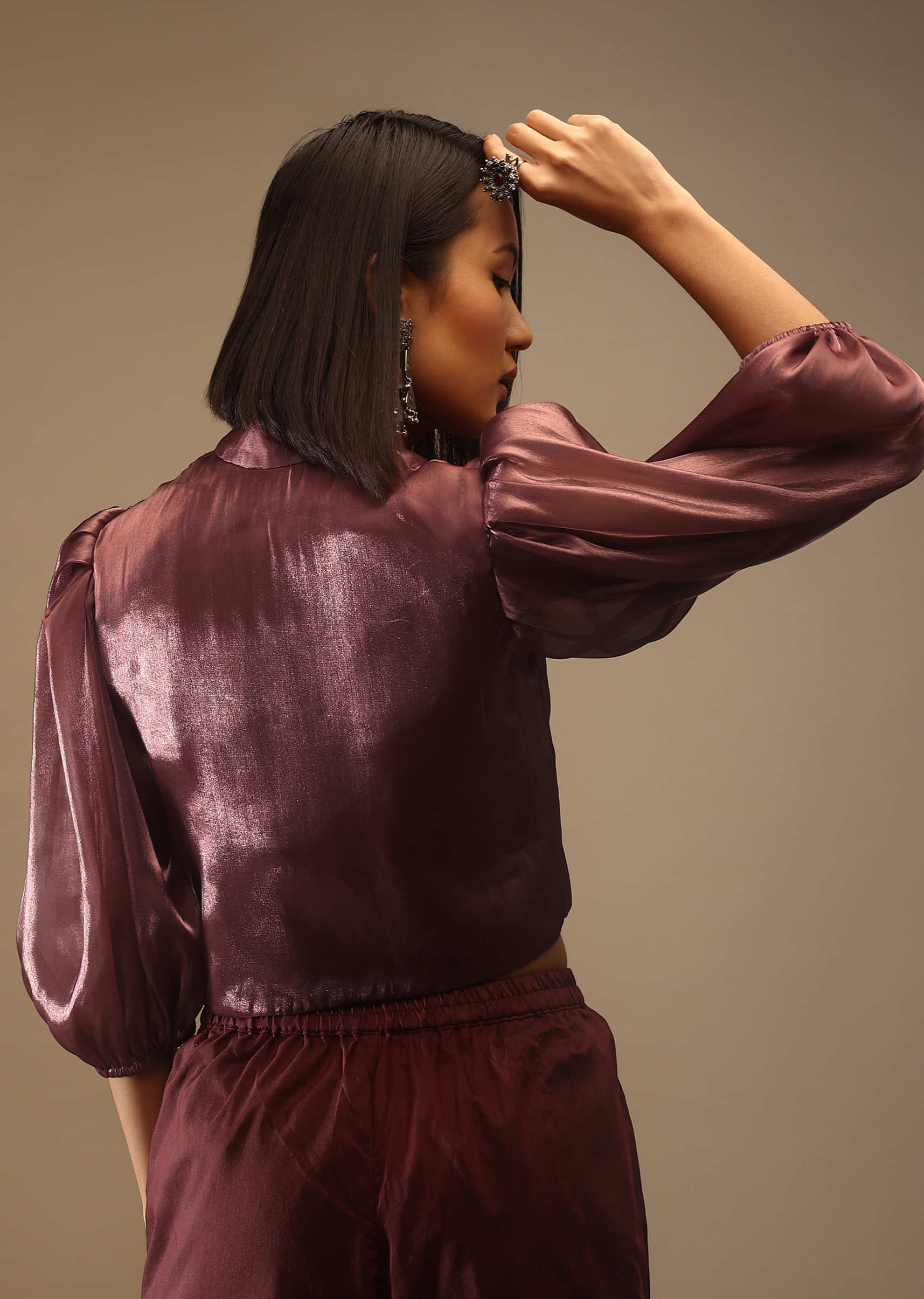 Oxblood Red Blouse With A Mandarin Neckline And Front Hook Closure Raw Silk With Bishop Sleeves 