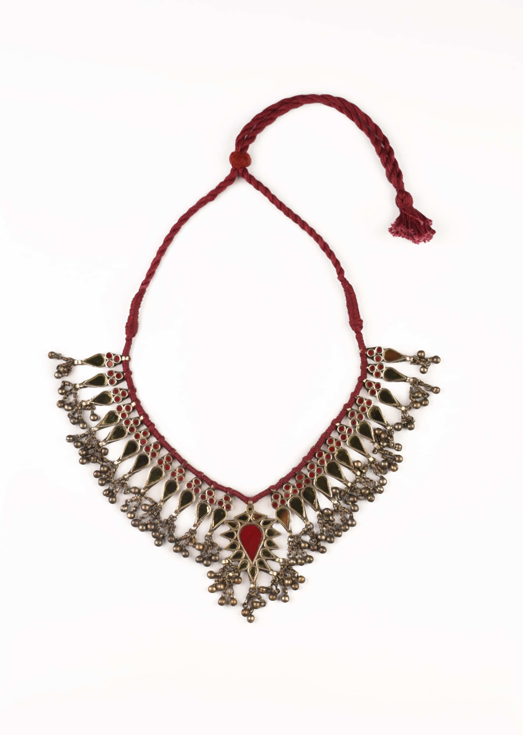 Oxidised Necklace With Red Mirror Work And Dangling Ghungroo Tassels 