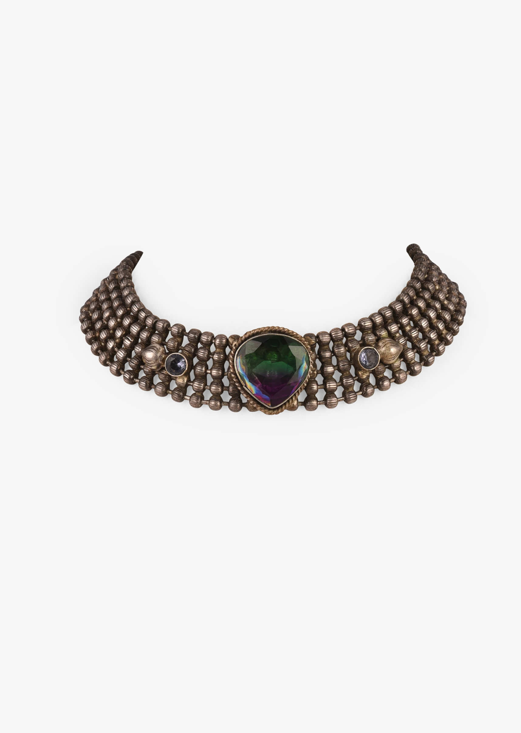 Oxidised Silver Choker Necklace With Iridescent Semi Precious Stone In The Centre And Metal Bead Base 