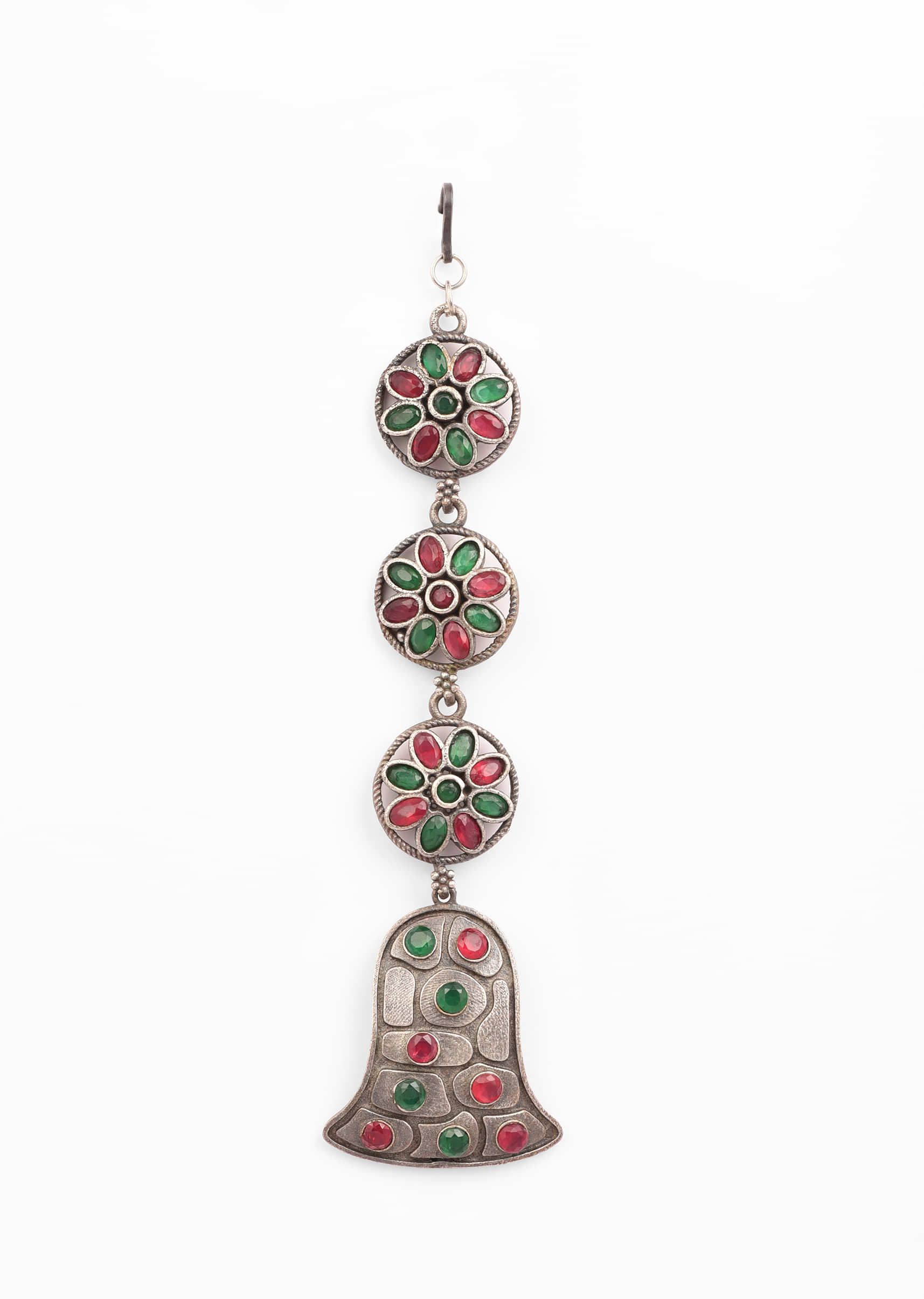 Oxidised Silver Mangtika With Carved Floral And Bell Motif Studded In Pink And Green Stones 