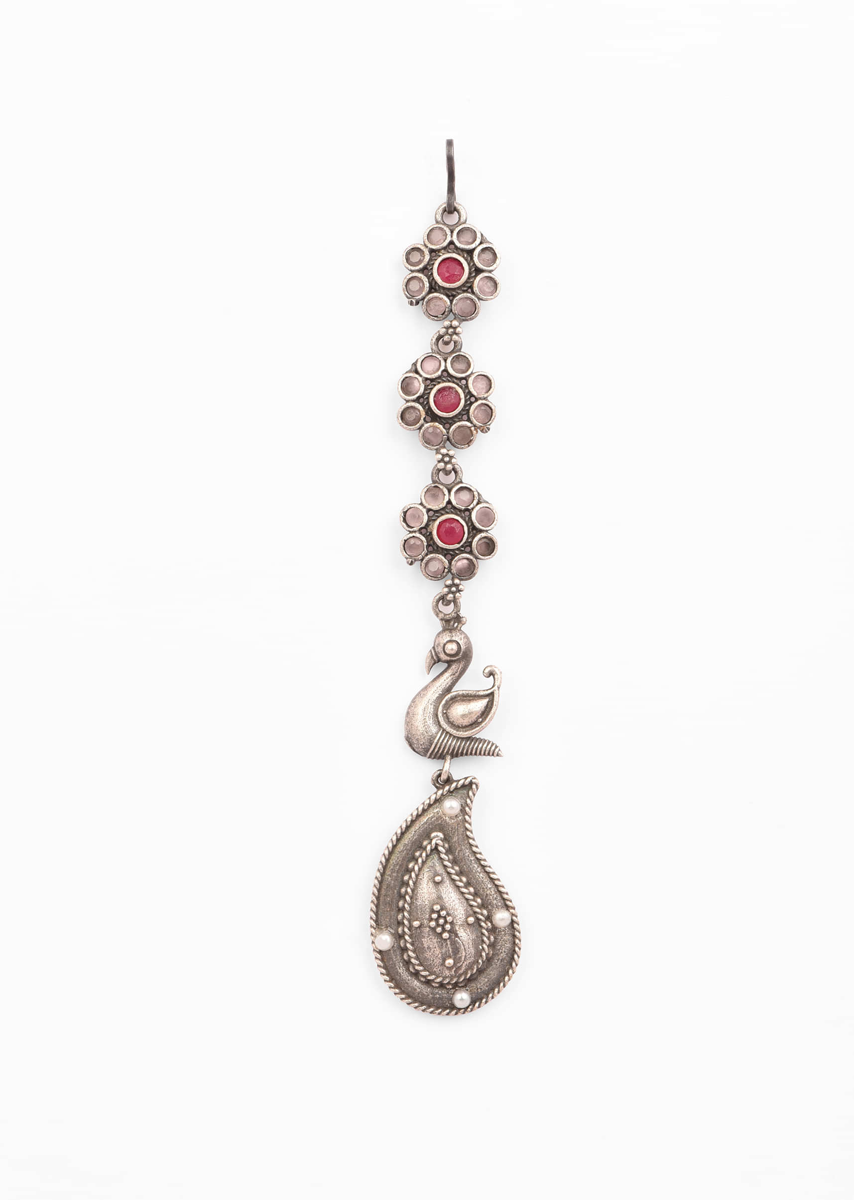 Oxidised Silver Mangtika With Carved Paisley Motif Studded In Pink And Lavender Stones 