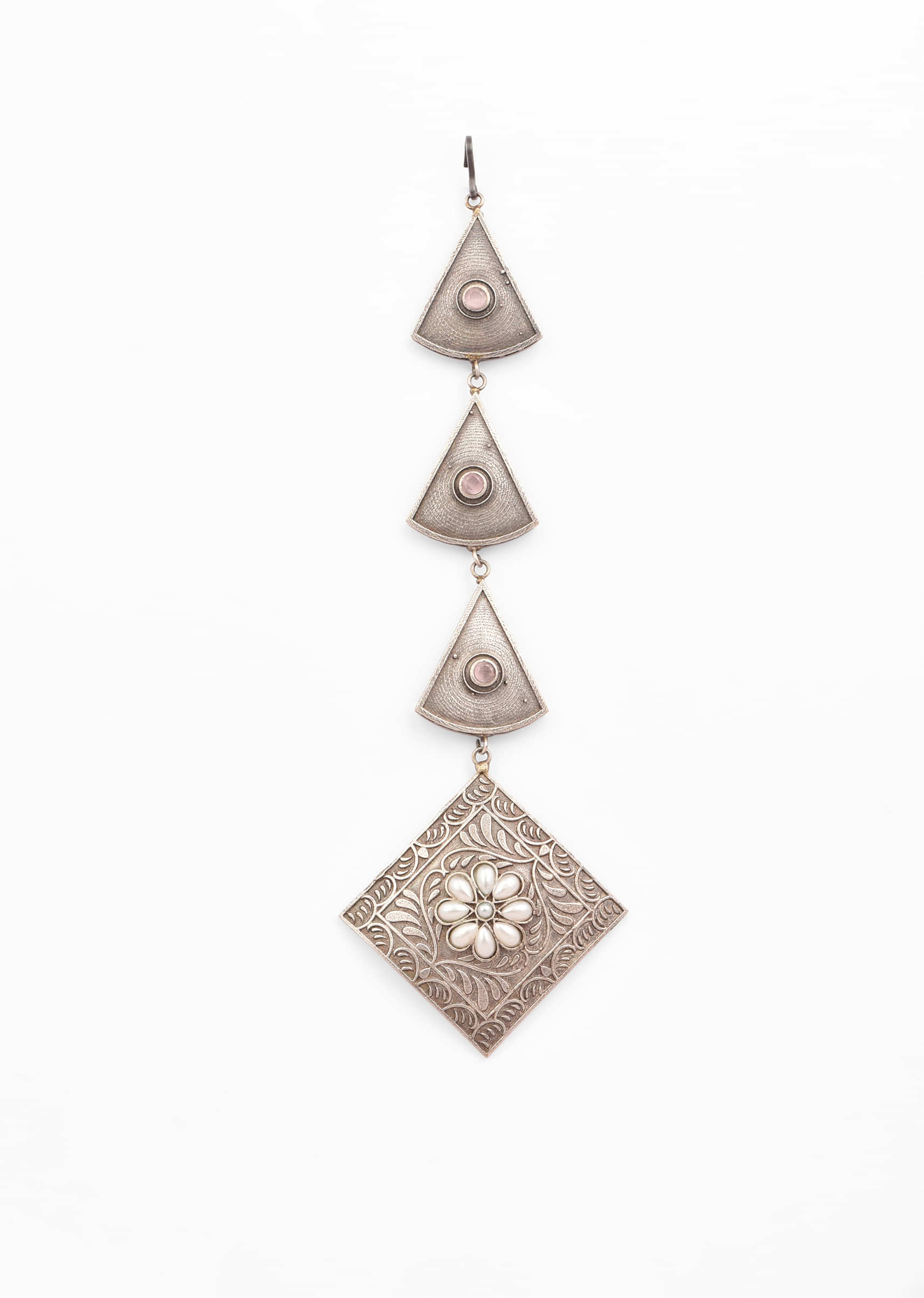 Oxidised Silver Mangtika With Floral Carved Square Motif And Pearls 