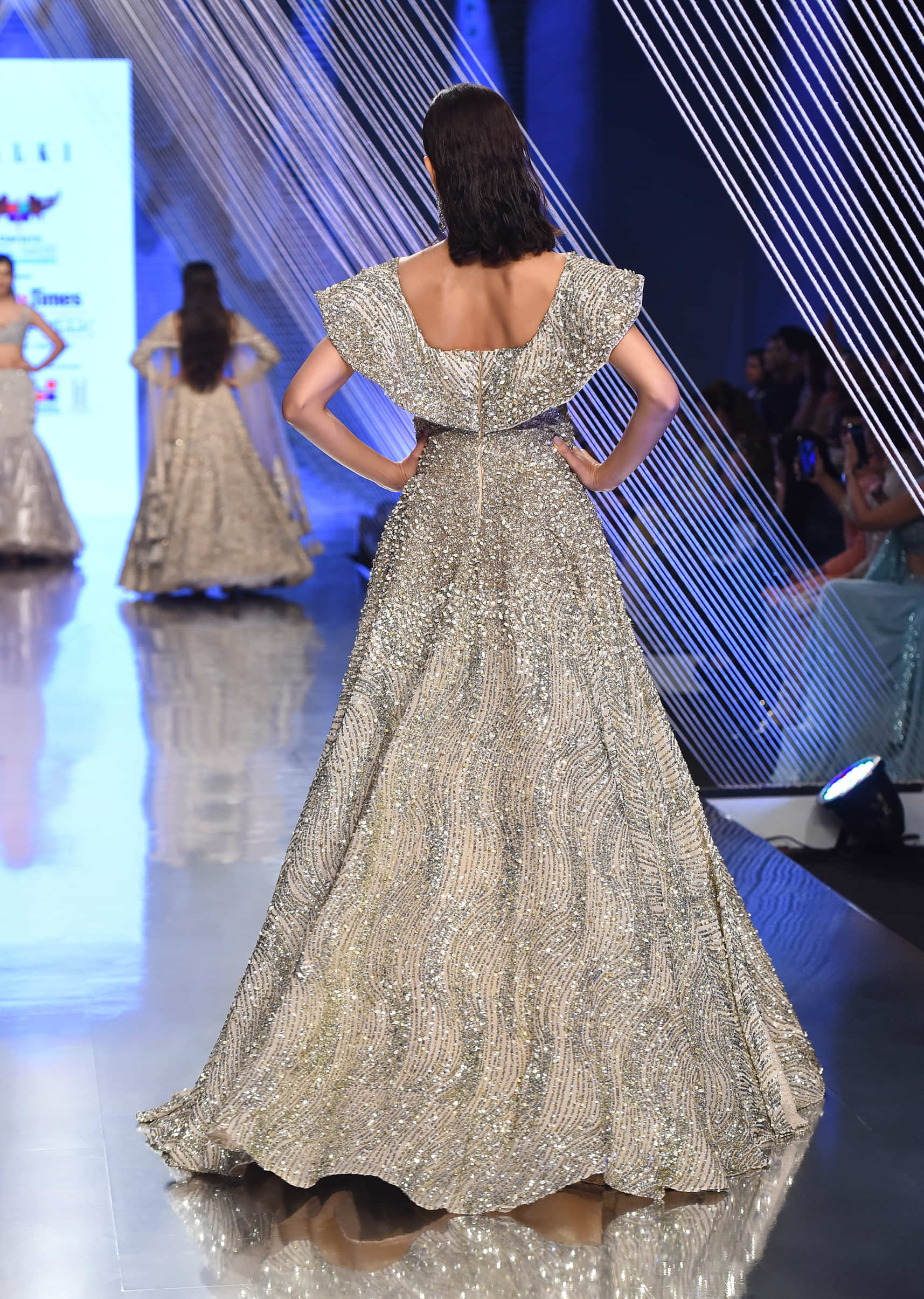 Oyster Gown In 3D Petals And Moti Embroidery, Crafted In Net With Cold Shoulder Neckline And Layered On It