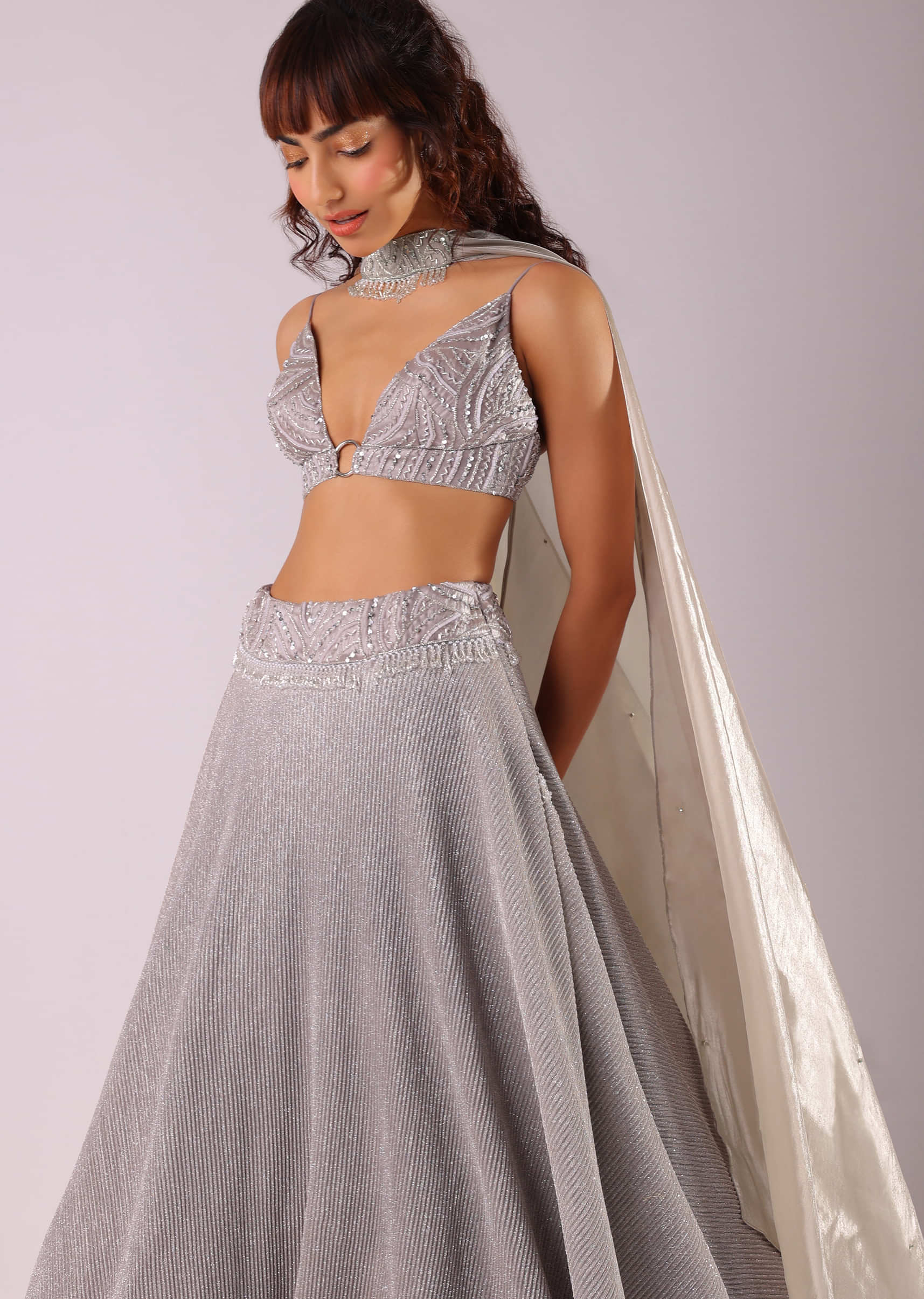 Oyster Grey Embroidered Lehenga Set In Knit With Choker Dupatta