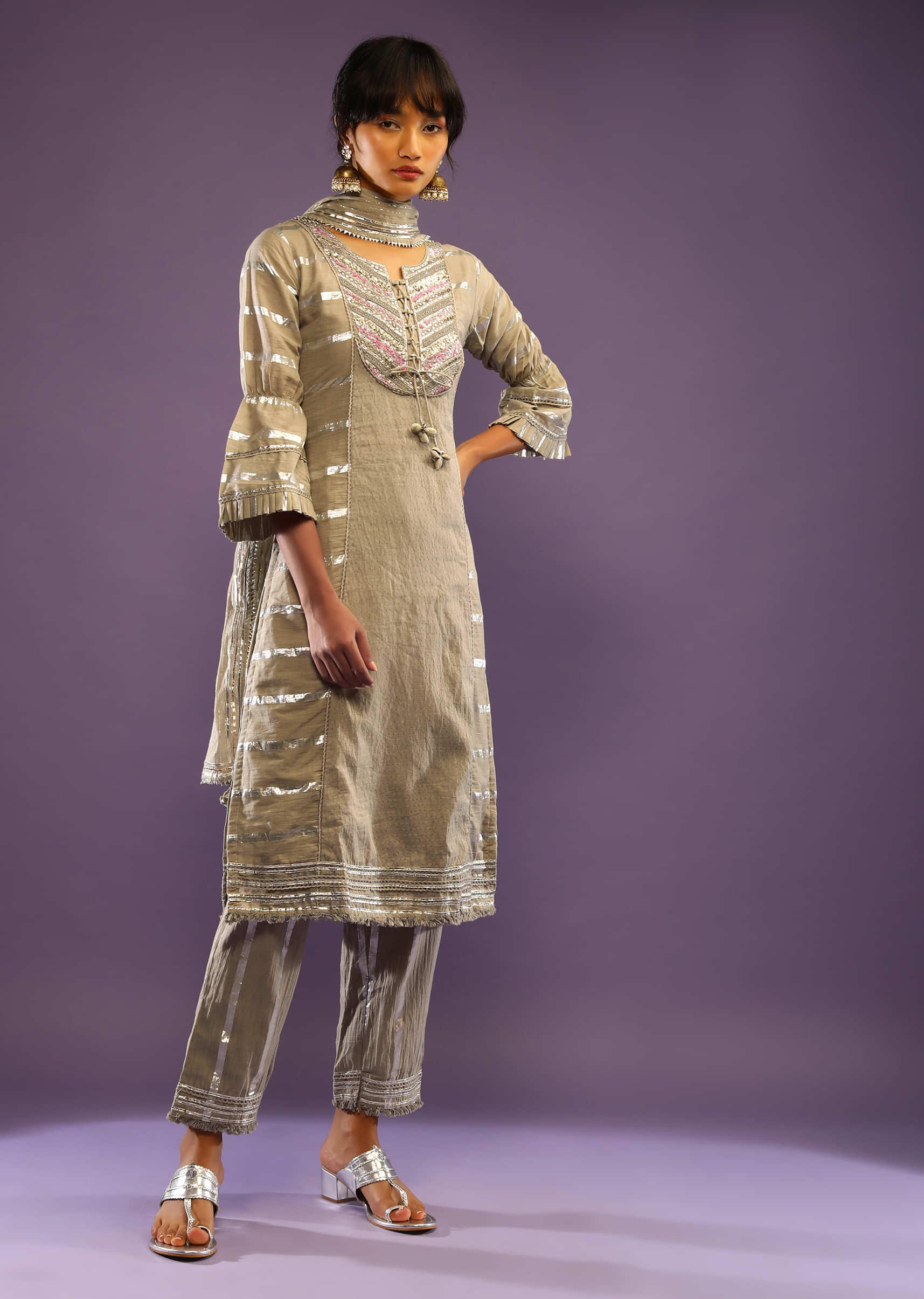 Oyster Grey Straight Cut Suit In Cotton With Embroidered Yoke And Woven Stripes