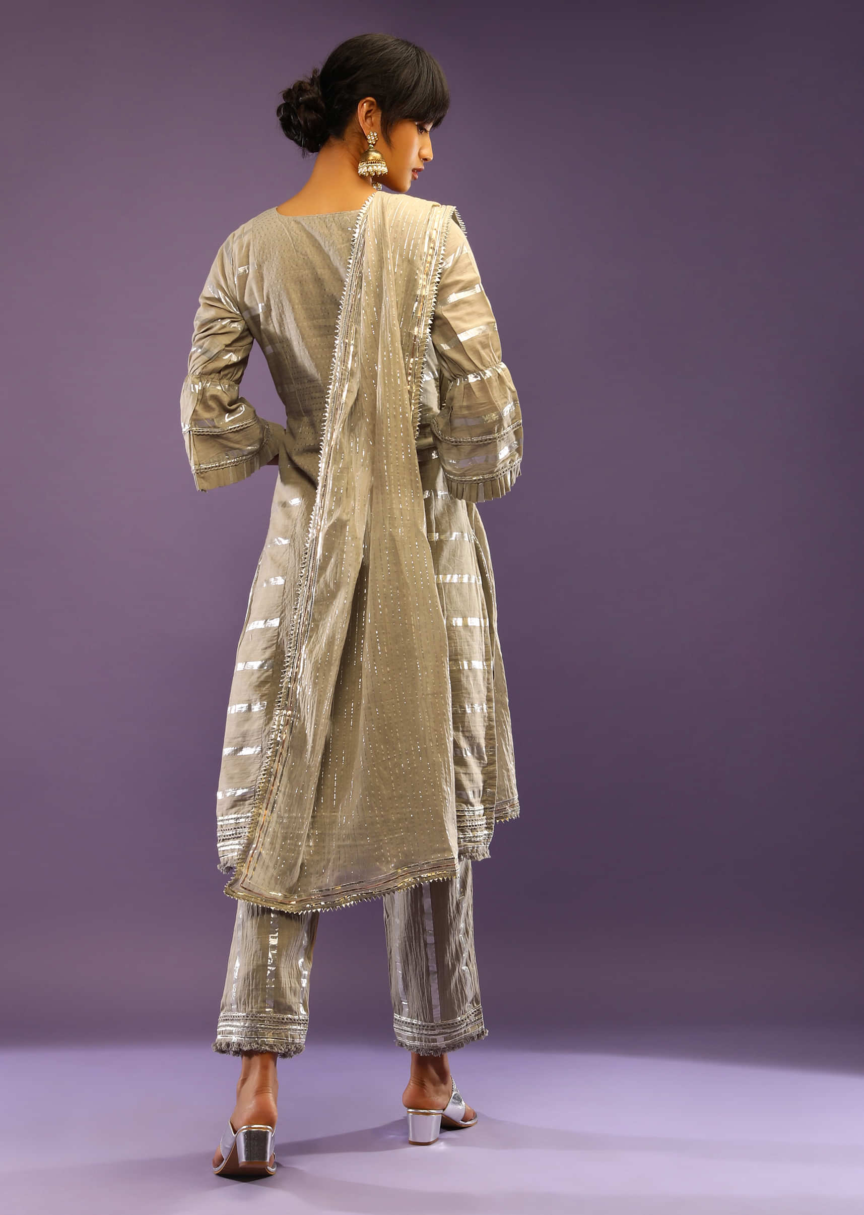 Oyster Grey Straight Cut Suit In Cotton With Embroidered Yoke And Woven Stripes