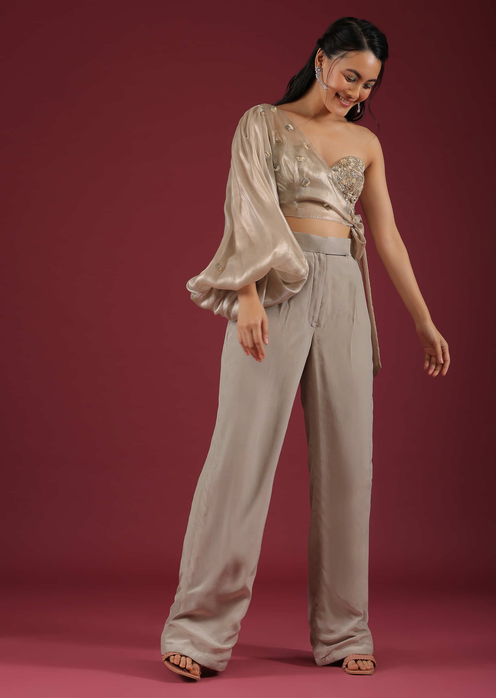 Morn Grey Straight Pant And Crop Top Set In Multi Color Cut Dana Embroidery, Crop Tiop In Spaghetti Straps With A Sweet Heart Neckline