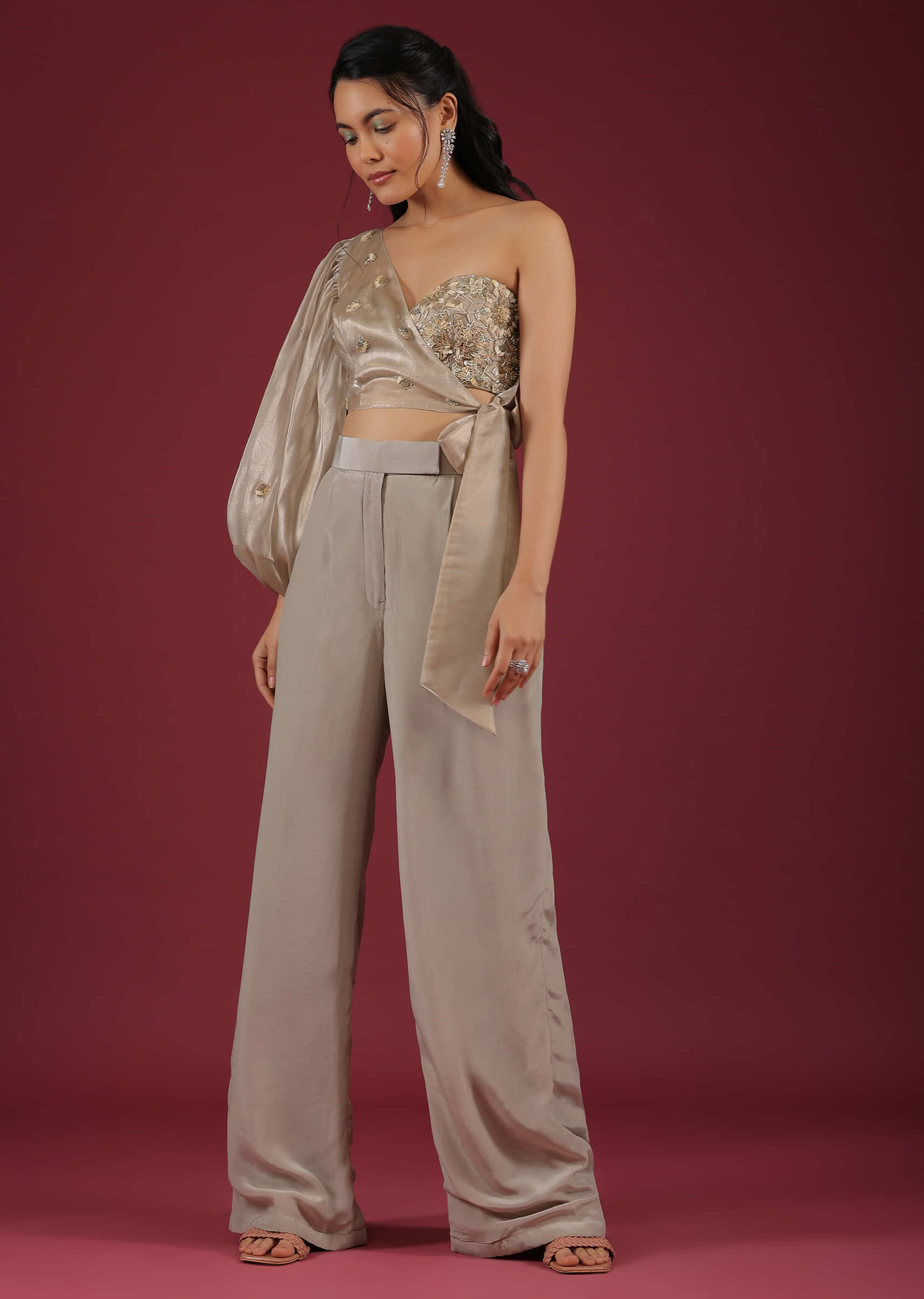 Morn Grey Straight Pant And Crop Top Set In Multi Color Cut Dana Embroidery, Crop Tiop In Spaghetti Straps With A Sweet Heart Neckline