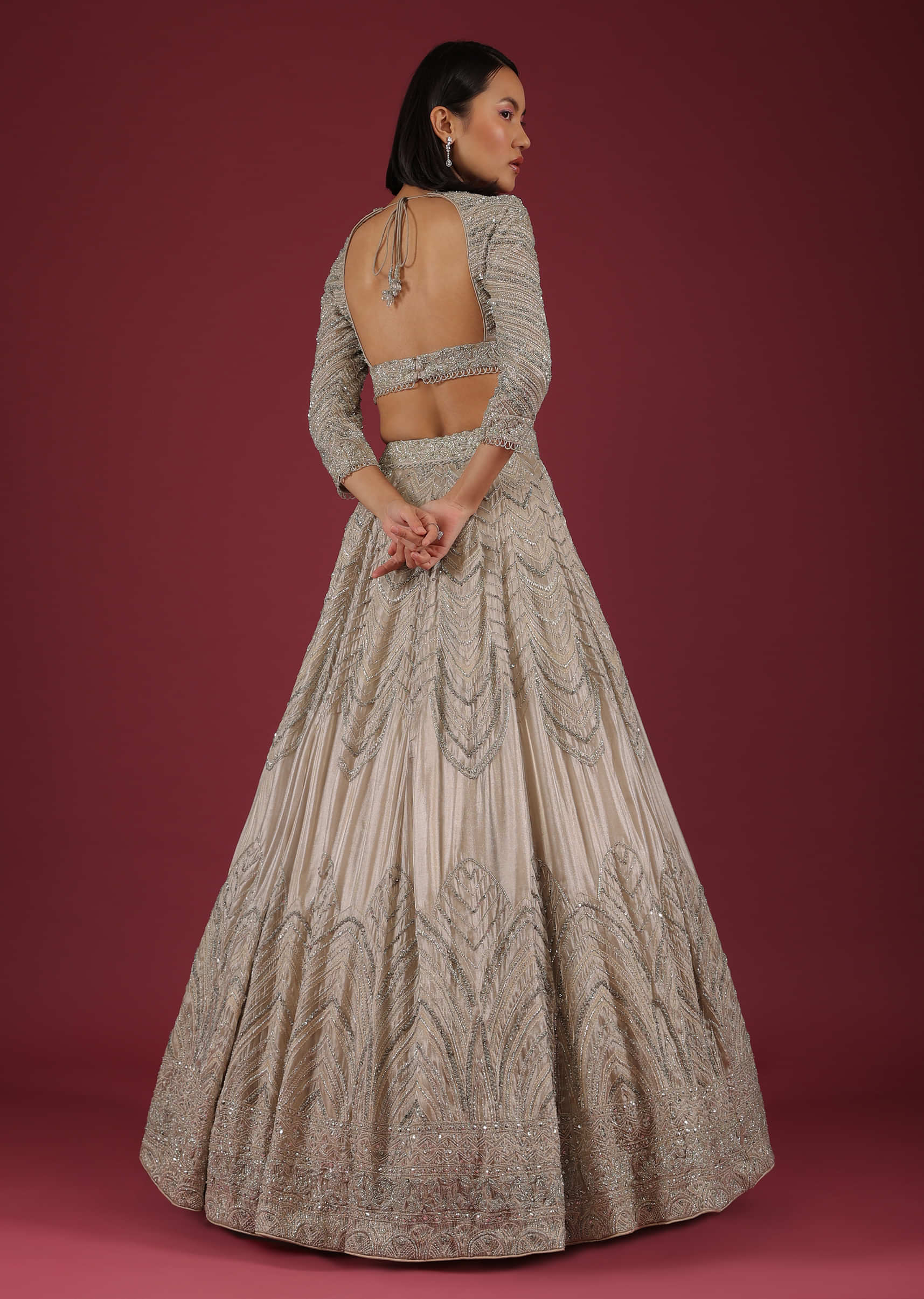 Oyster Organza Lehenga With Cut Dana Embroidery, Crop Top Comes In 3/4Th Sleeves With A Deep V Neckline