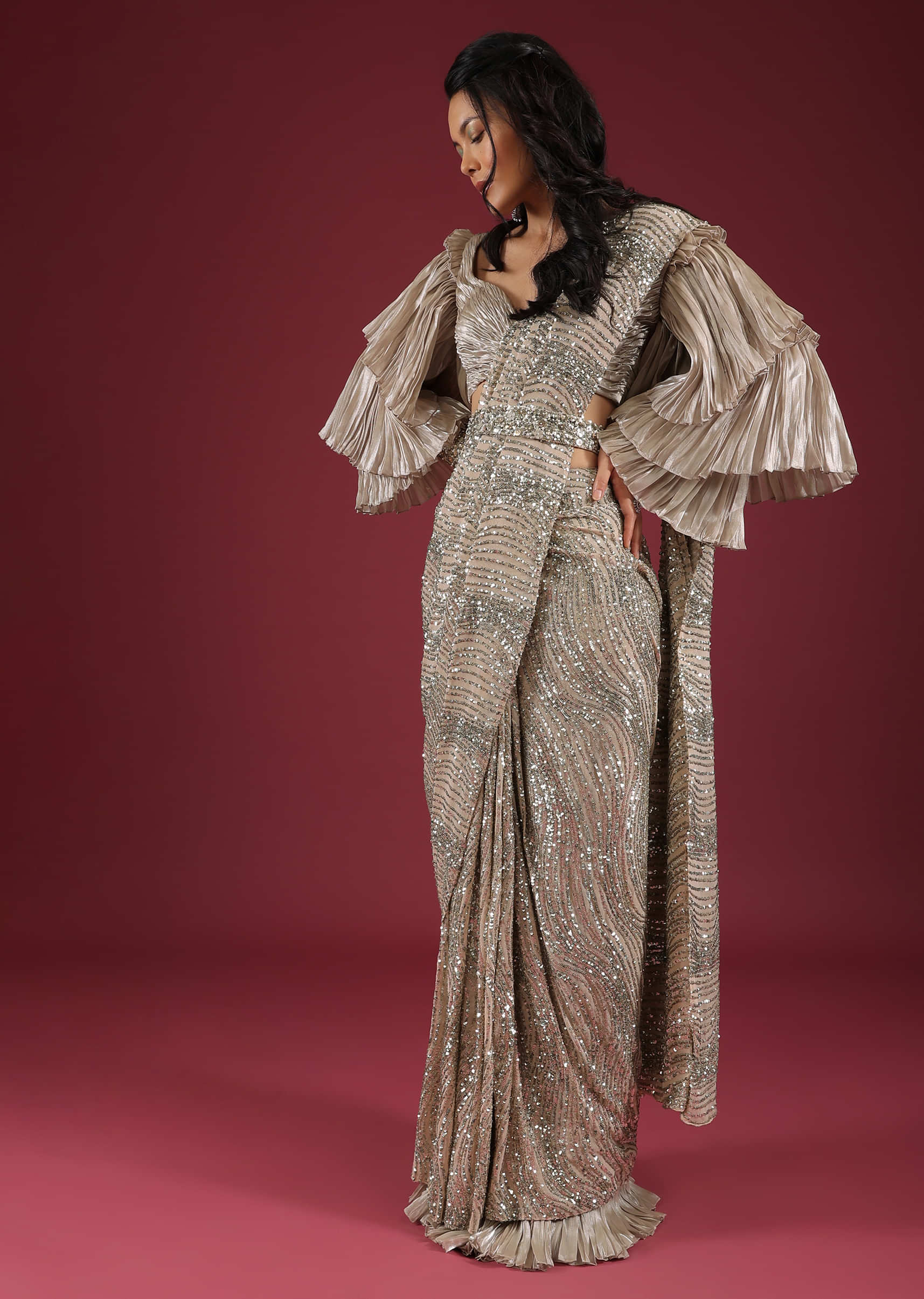 Oyster Ready Pleated Saree In Sequins Embroidery, Crafted In Net With A Side Zip Closure