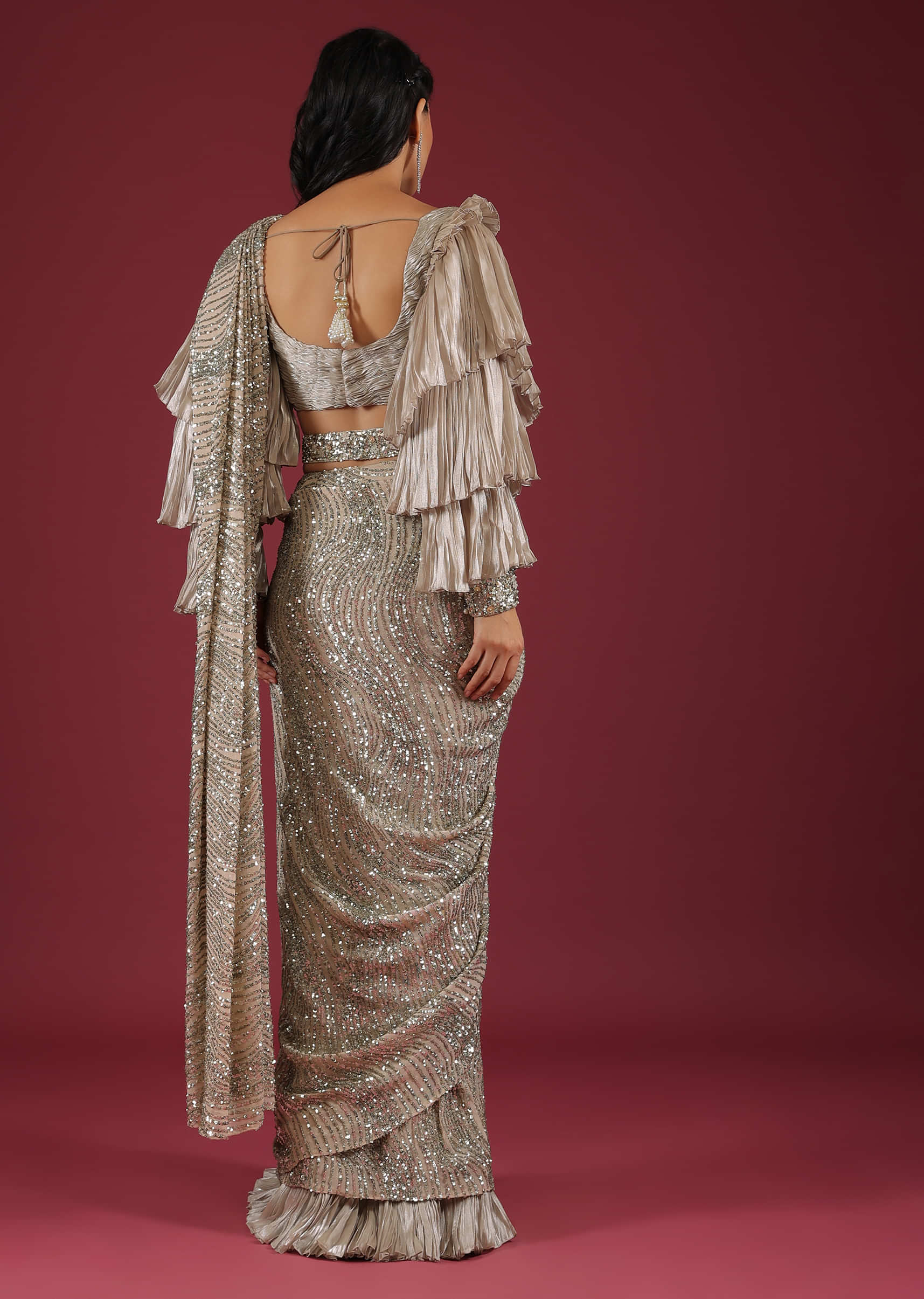 Oyster Ready Pleated Saree In Sequins Embroidery, Crafted In Net With A Side Zip Closure