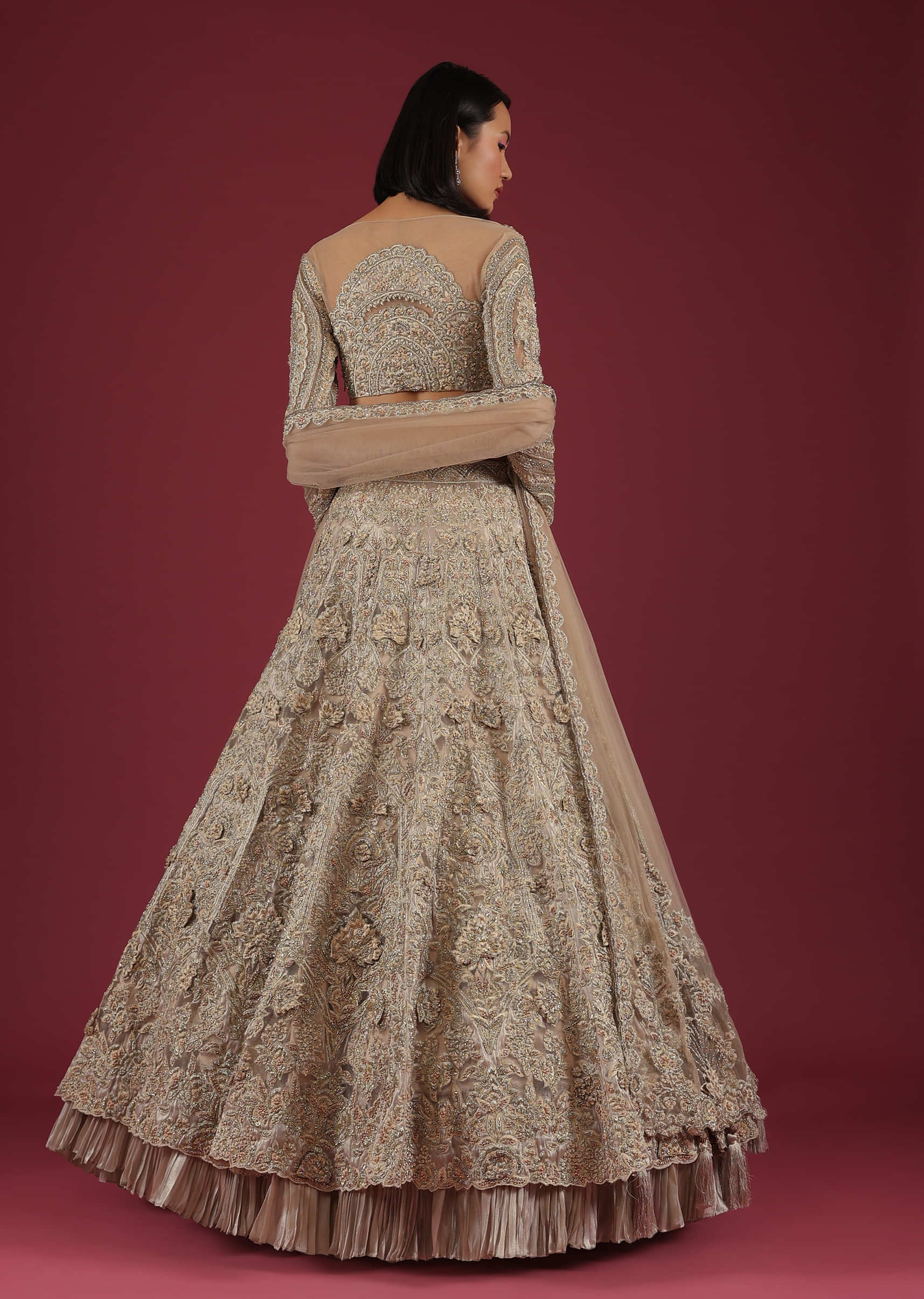 Oyster Royal Heritage Lehenga And Choli With Detailed Hand Embroidered Floral Kalis And Plunging Neckline