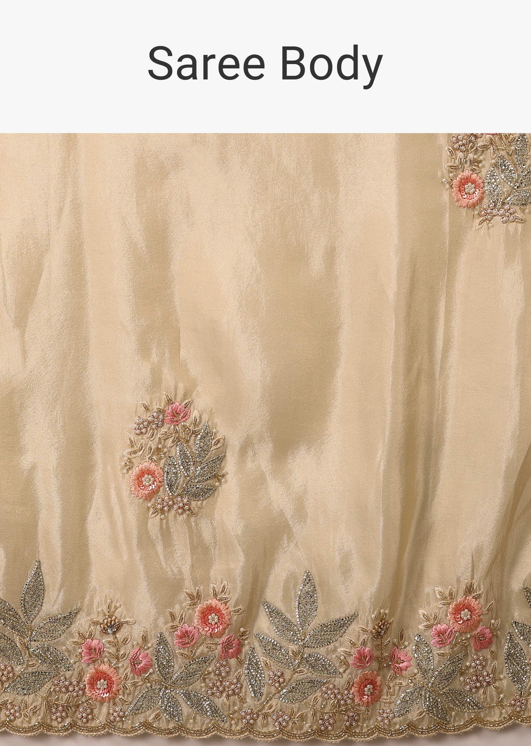 Cream White Saree In Glass Tissue Fabric And Gotta Resham Embroidery With Cut Dana, Moti & Sequins