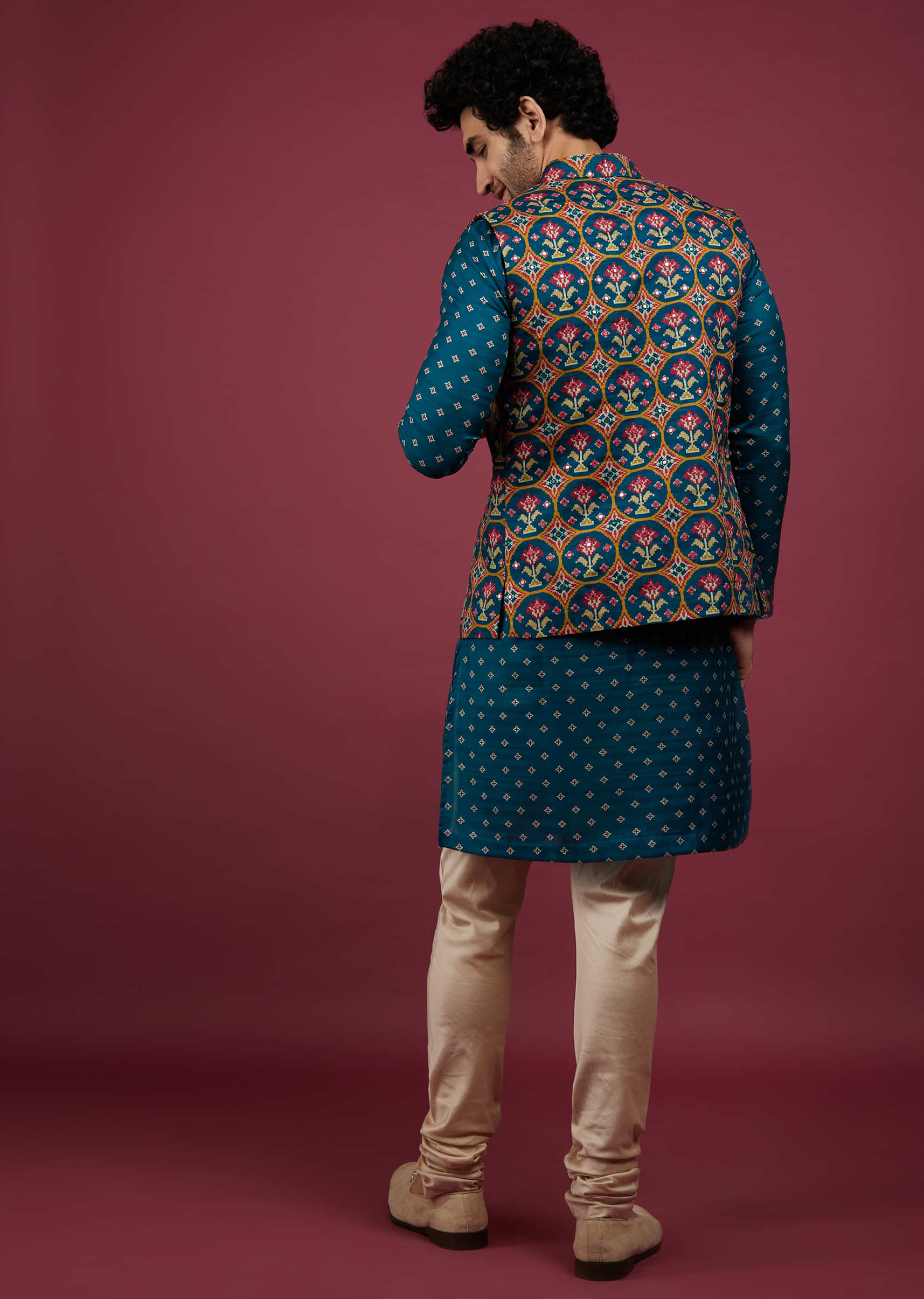 Teal Blue Silk Patola Printed Bandi Jacket With Kurta Set