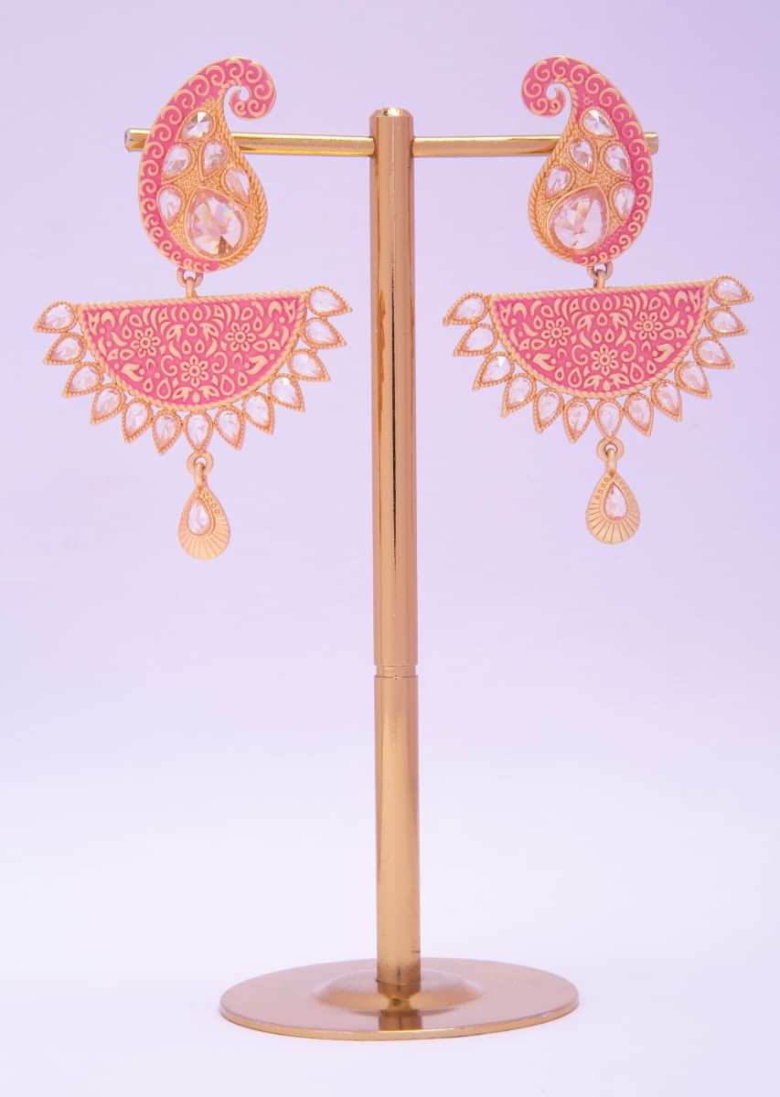Paisley motif pink meenakari earring  with kundan stone enhancing the border only on kalki