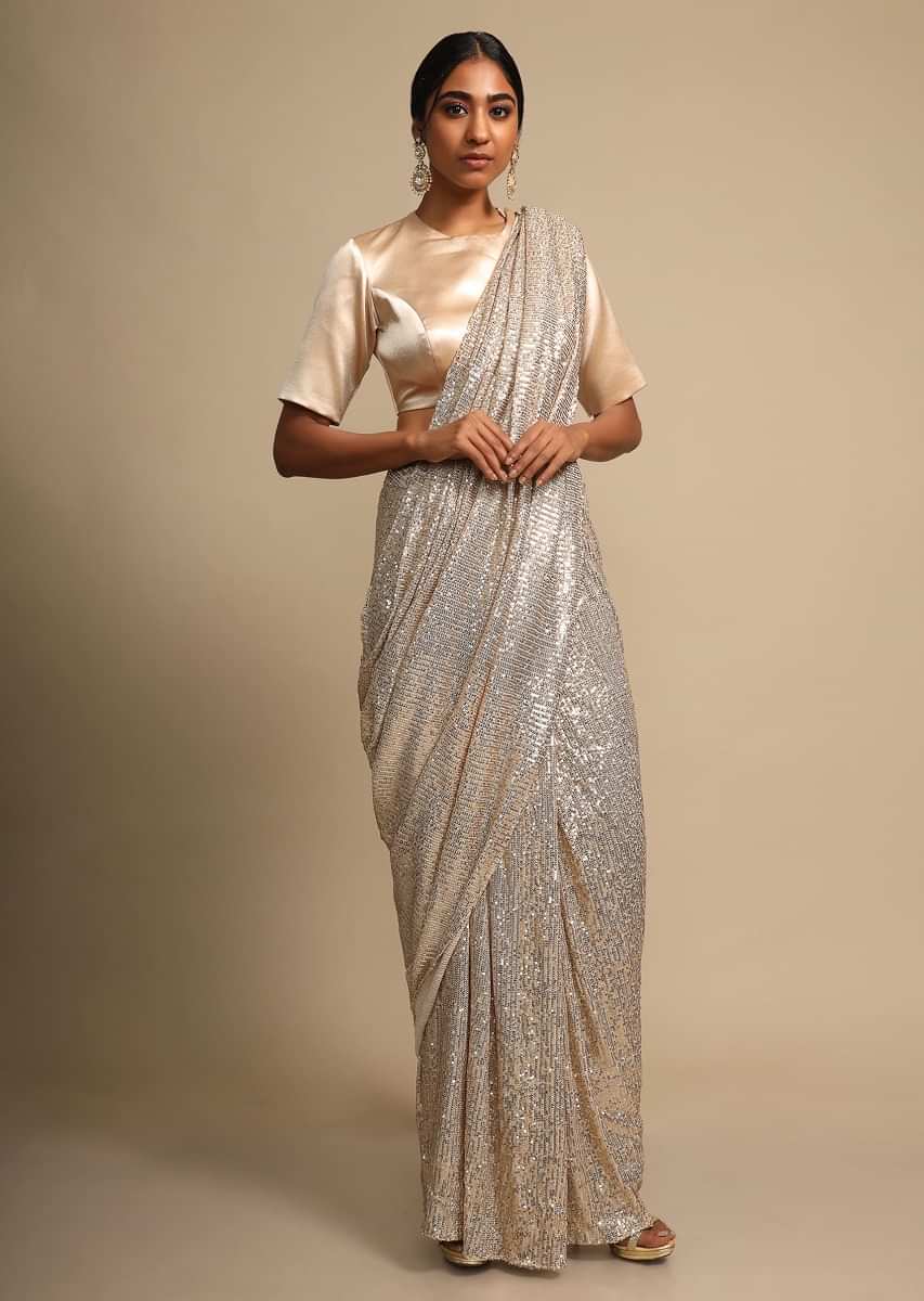 Pale Gold Saree Embellished In Sequins With Ready Stitched Pleats