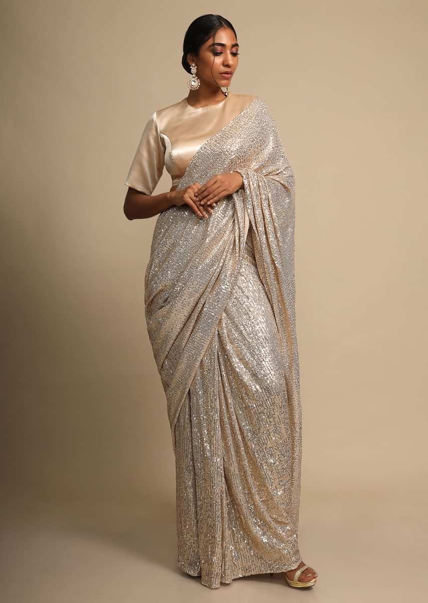 Pale Gold Saree Embellished In Sequins With Ready Stitched Pleats