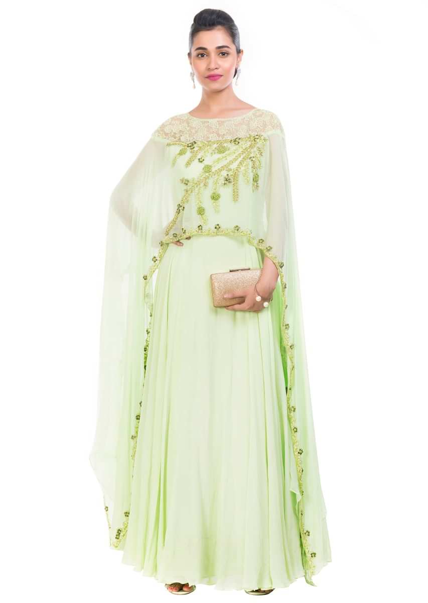 Pale Green Cape Gown Online - Kalki Fashion