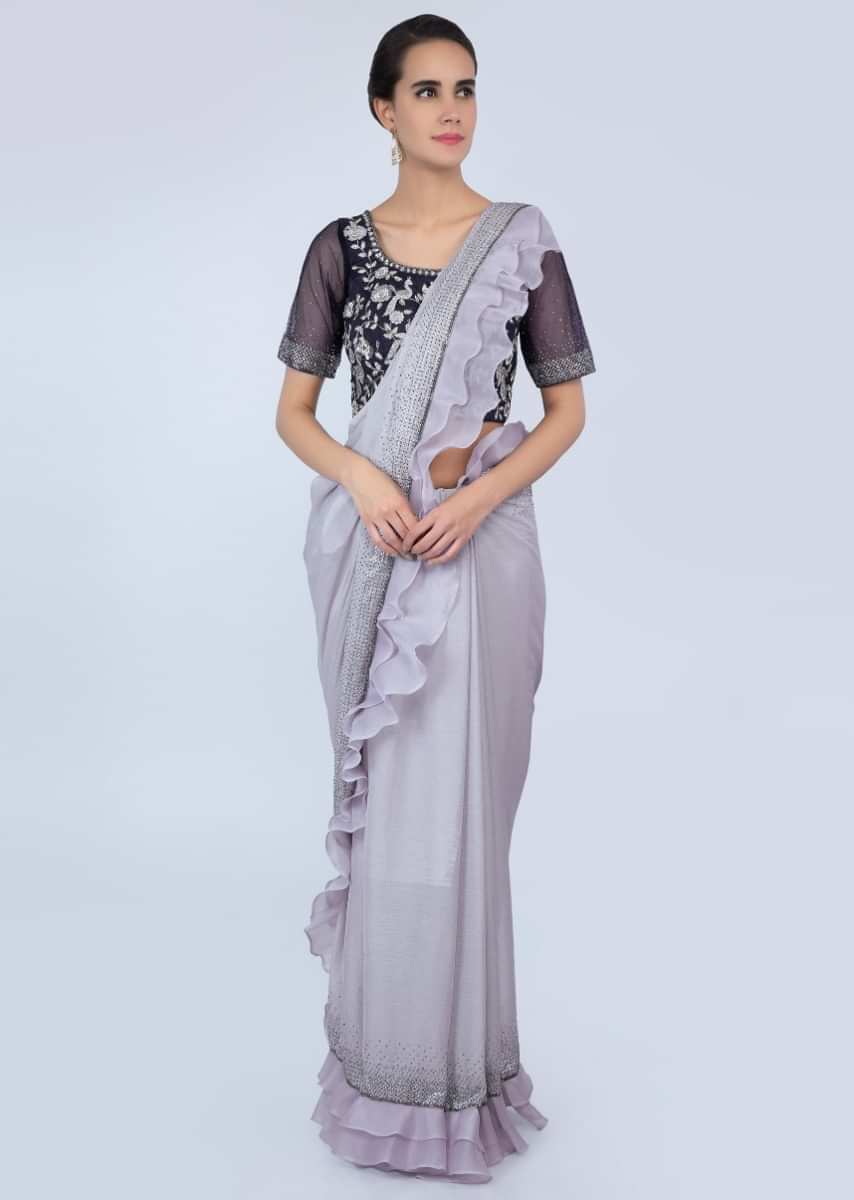Pale Grey Saree In Shimmer Georgette With Organza Ruffled Hem And Pallo Online - Kalki Fashion