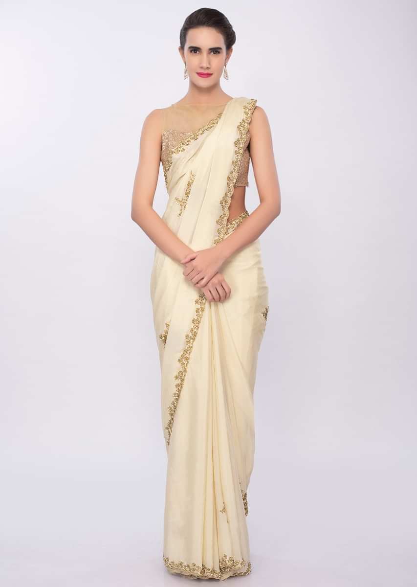 Pale Lemon Yellow Saree In Chiffon With Cut Dana And Sequins Embroidered Butti And Border Online - Kalki Fashion