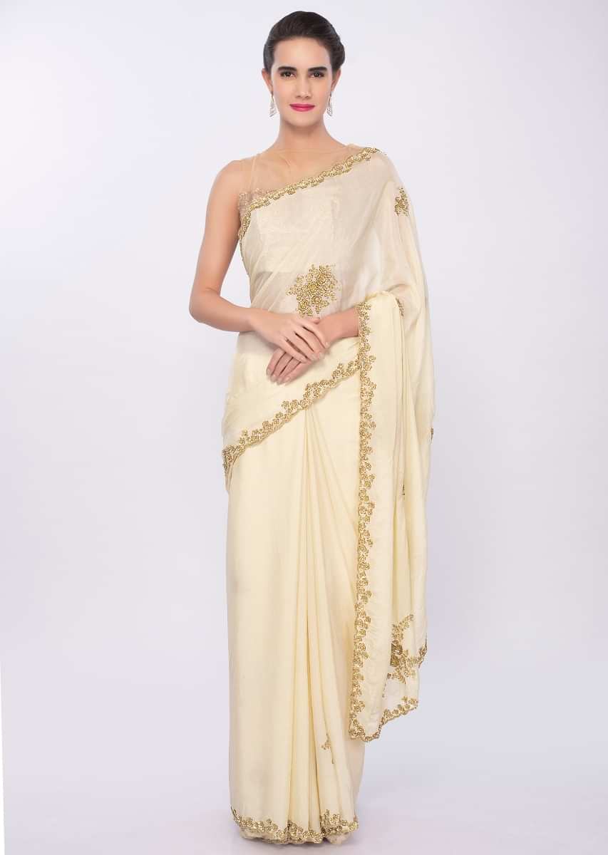 Pale Lemon Yellow Saree In Chiffon With Cut Dana And Sequins Embroidered Butti And Border Online - Kalki Fashion