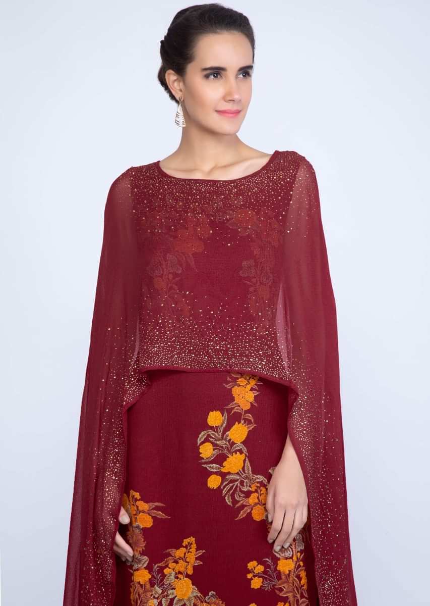Pale Maroon Tunic Dress With Floral Print And Attached Cape Online - Kalki Fashion