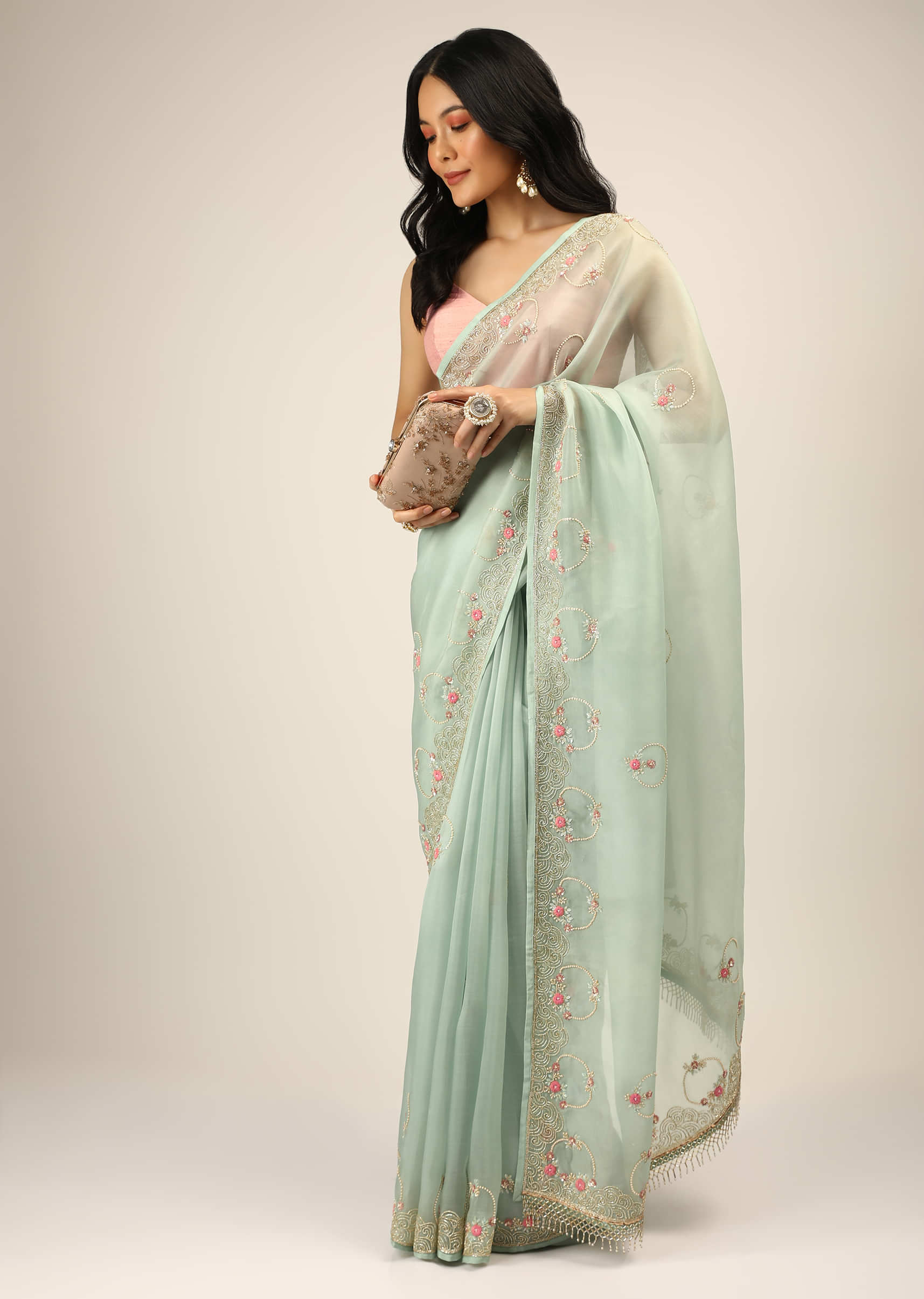 Pale Mint Saree In Organza With Multi Colored Resham And Cut Dana Embroidered Filigree And Floral Motifs On The Border And Buttis  