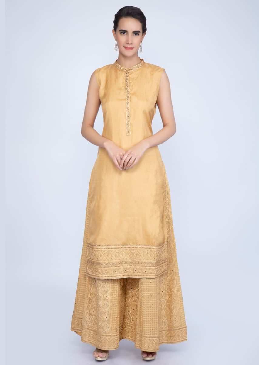 Pale mustard straight suit with embroidered palazzo and chiffon dupatta only on Kalki