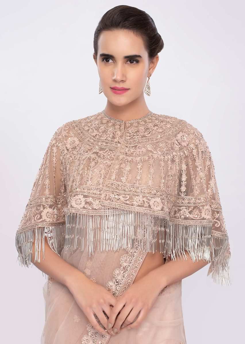 Pale Peach Saree In Embroidered Net Complemented With Tasseled Net Cape Online - Kalki Fashion