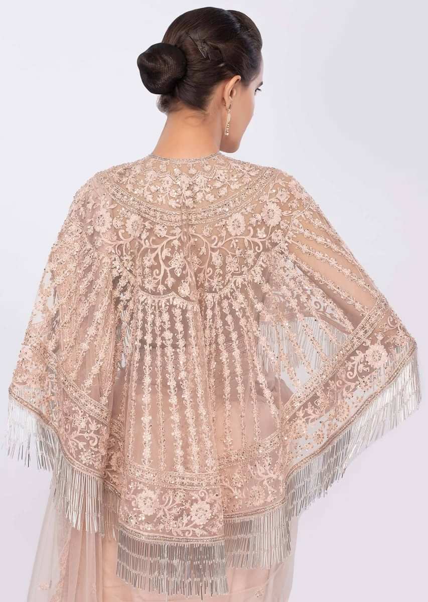 Pale Peach Saree In Embroidered Net Complemented With Tasseled Net Cape Online - Kalki Fashion