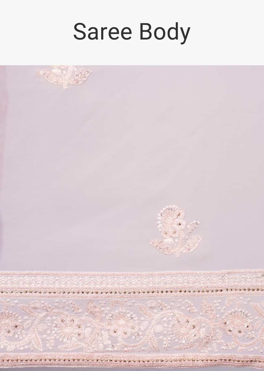 Pale pink georgette saree with self floral embroidery and butti only on kalki