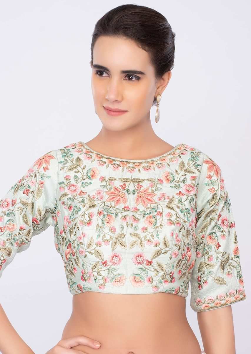 Pale Pink Saree In Linen With Mint Green Floral Embroidered Blouse Online - Kalki Fashion