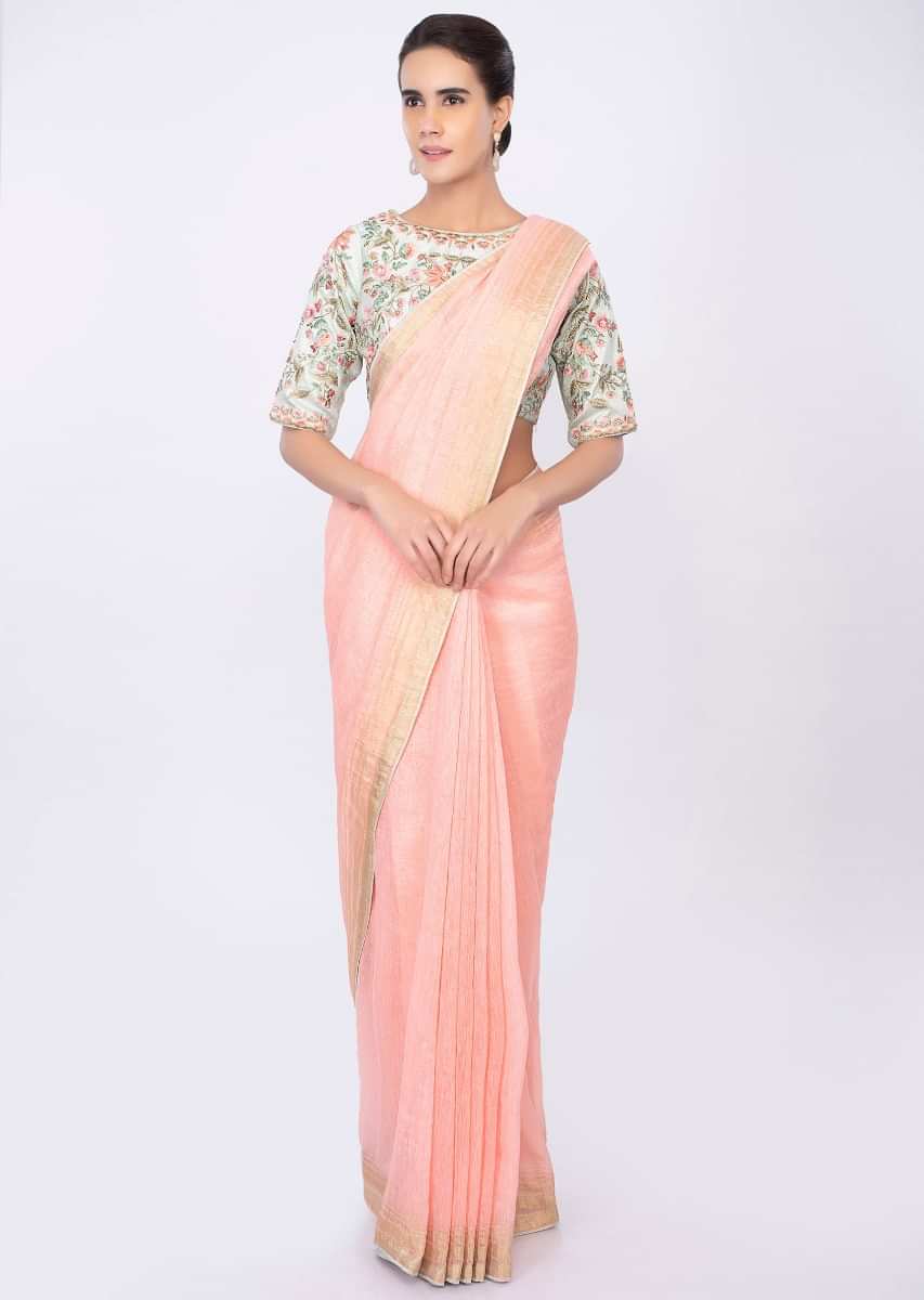 Pale Pink Saree In Linen With Mint Green Floral Embroidered Blouse Online - Kalki Fashion