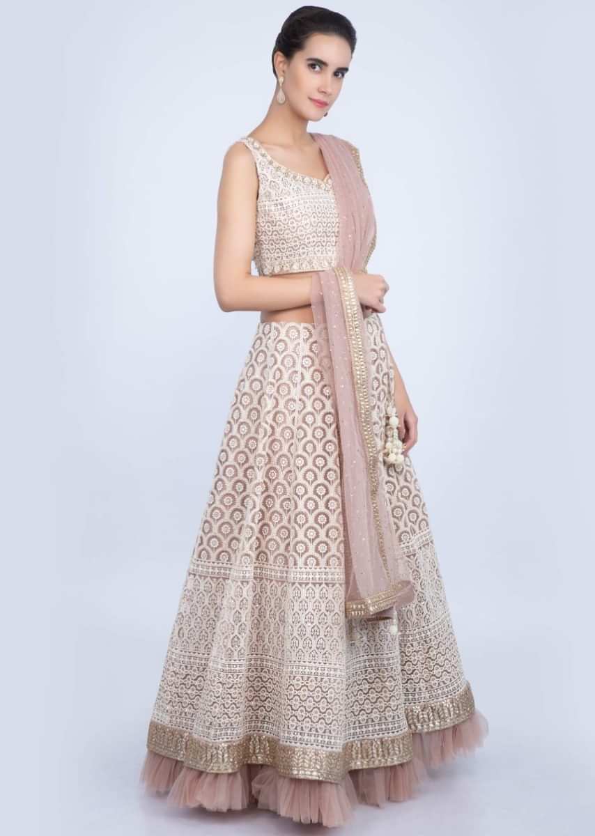 Pale Pink Lehenga Set In Net With Lucknowi Embroidery