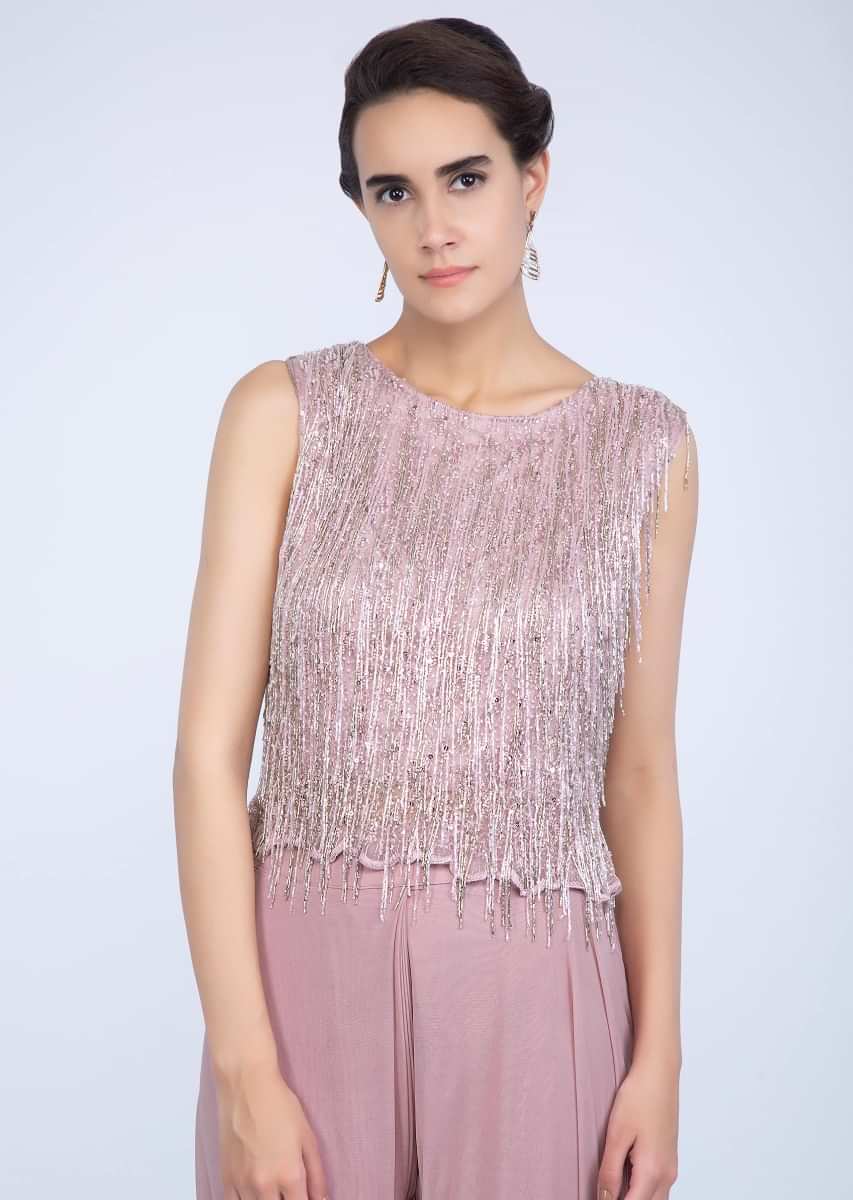 Pale Pink Ready Pleated Saree In Lycra Net With Heavy Embellished Tasseled Blouse Online - Kalki Fashion