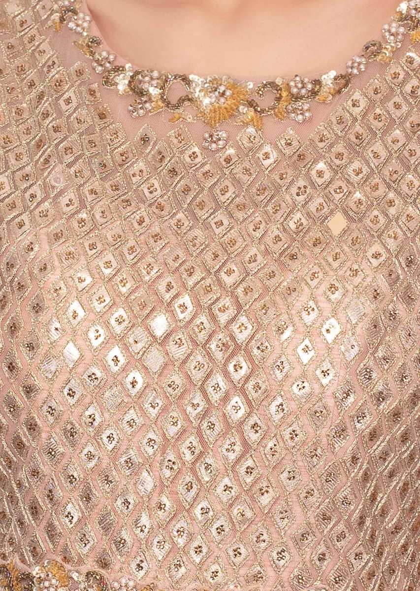 Pale Pink Gown In Net With Butti And Embellished Bodice Online - Kalki Fashion