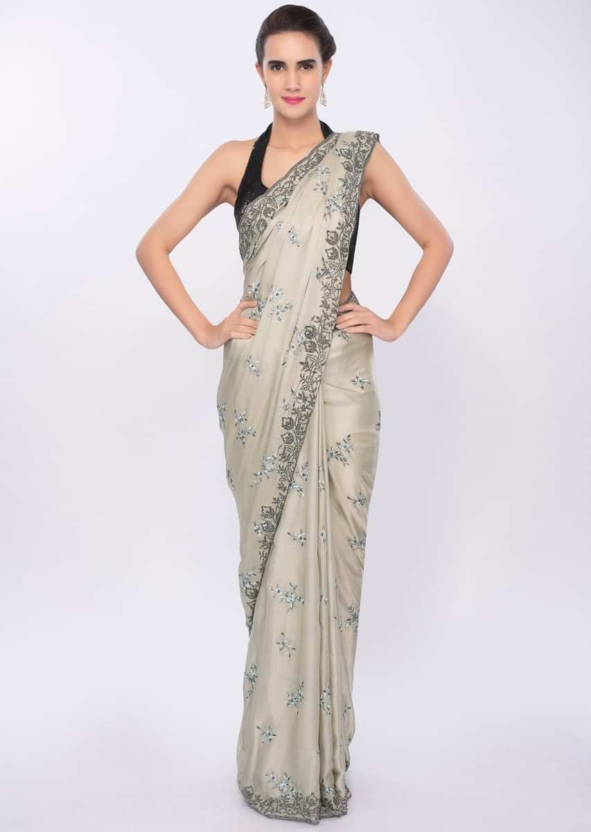 Pale Sage Green Saree In Satin With Floral Resham Embroidery And Butti Online - Kalki Fashion