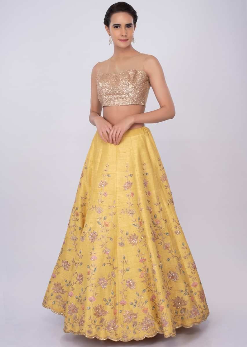 Pale Yellow Lehenga Set In Raw Silk With Floral Jaal Work Online - Kalki Fashion