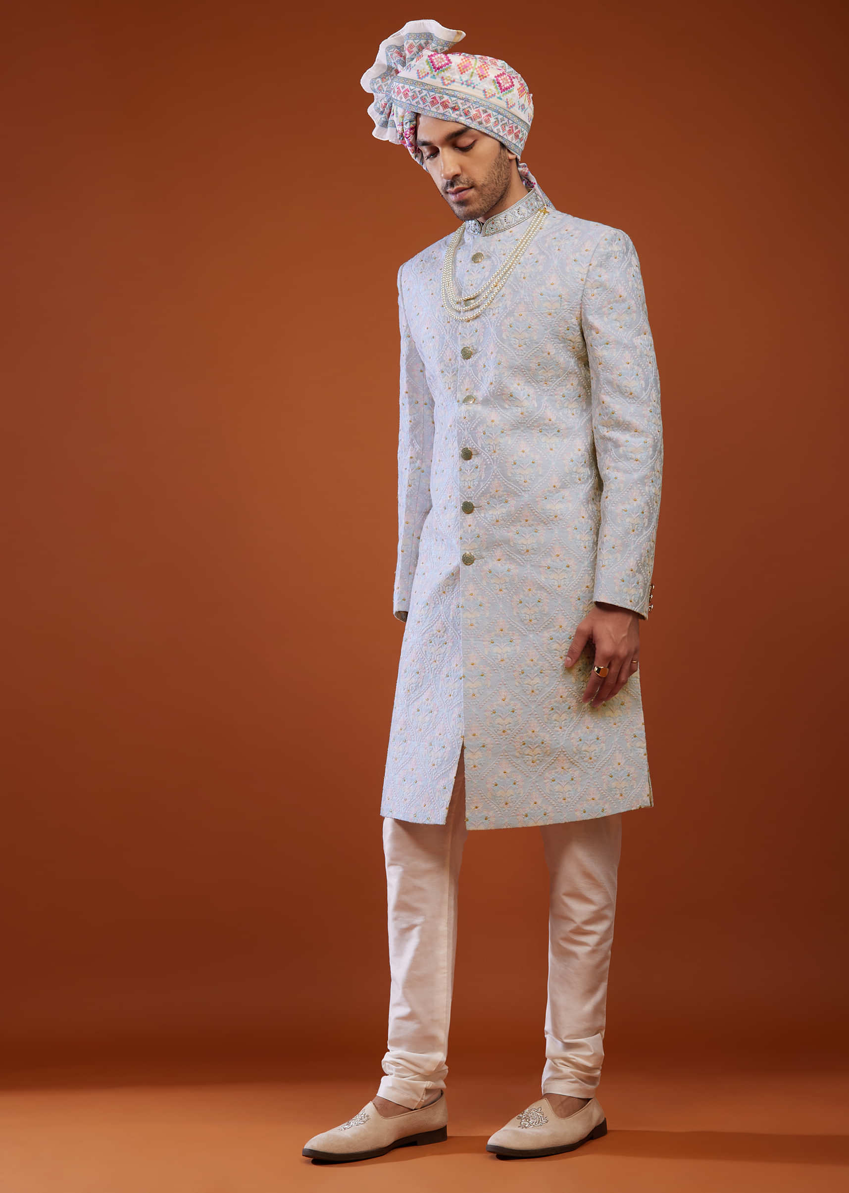 Pale Blue Floral Embroidered Sherwani Set In Silk