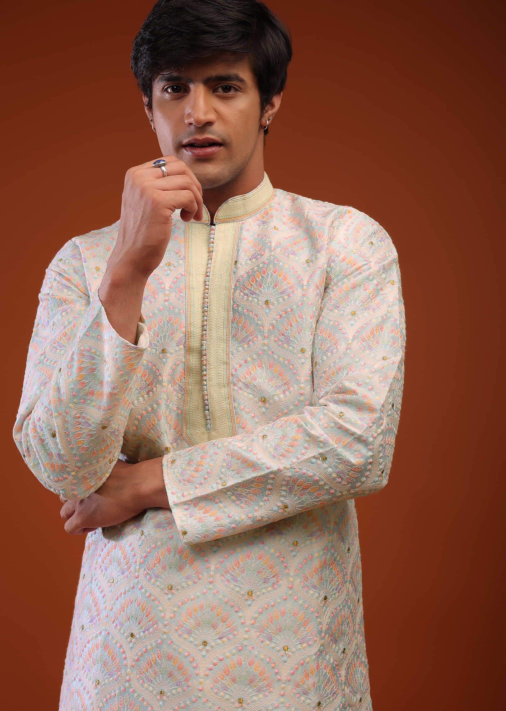 Pale Blue Raw Silk Lucknowi Kurta Set With Floral Print And Zari Embroidery Buttis