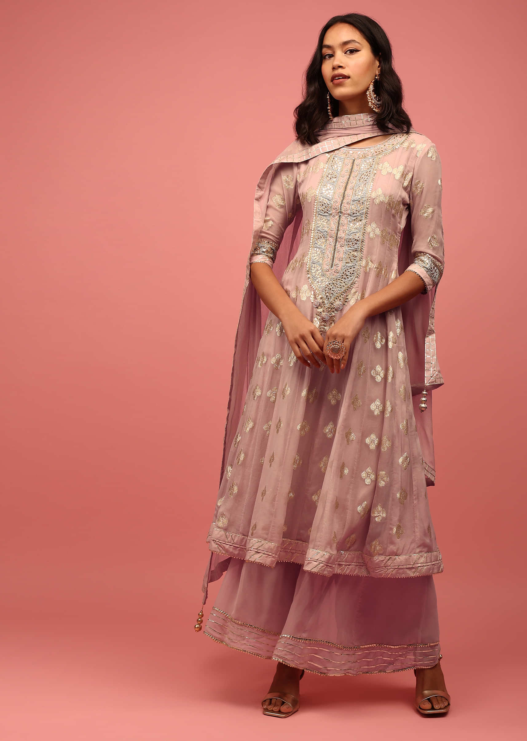Pale Lilac Anarkali Suit In Banarasi Georgette Brocade Work, Handcrafted With Moti And Sequins