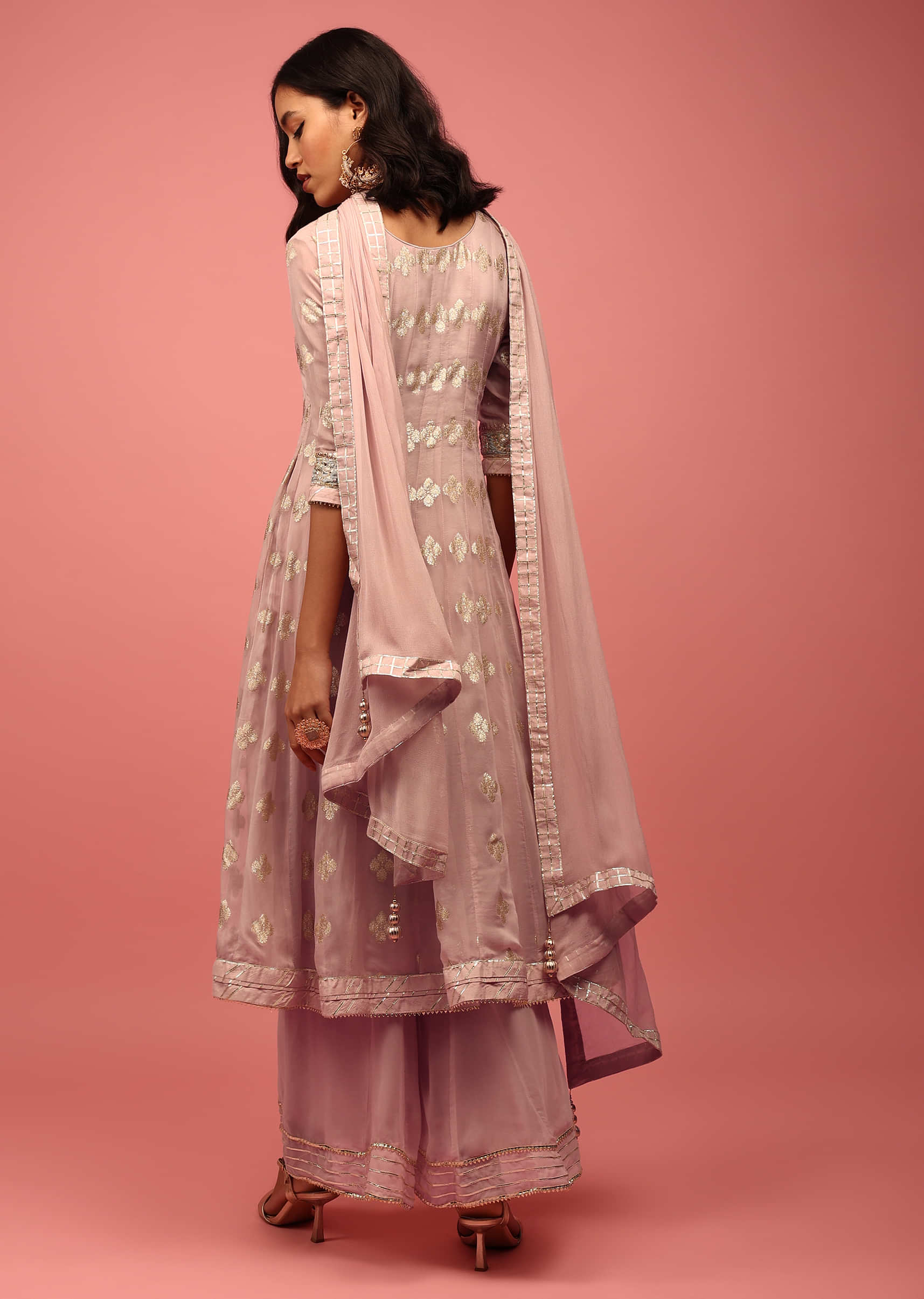 Onion Pink Anarkali Suit Set In Banarasi Georgette Brocade Work