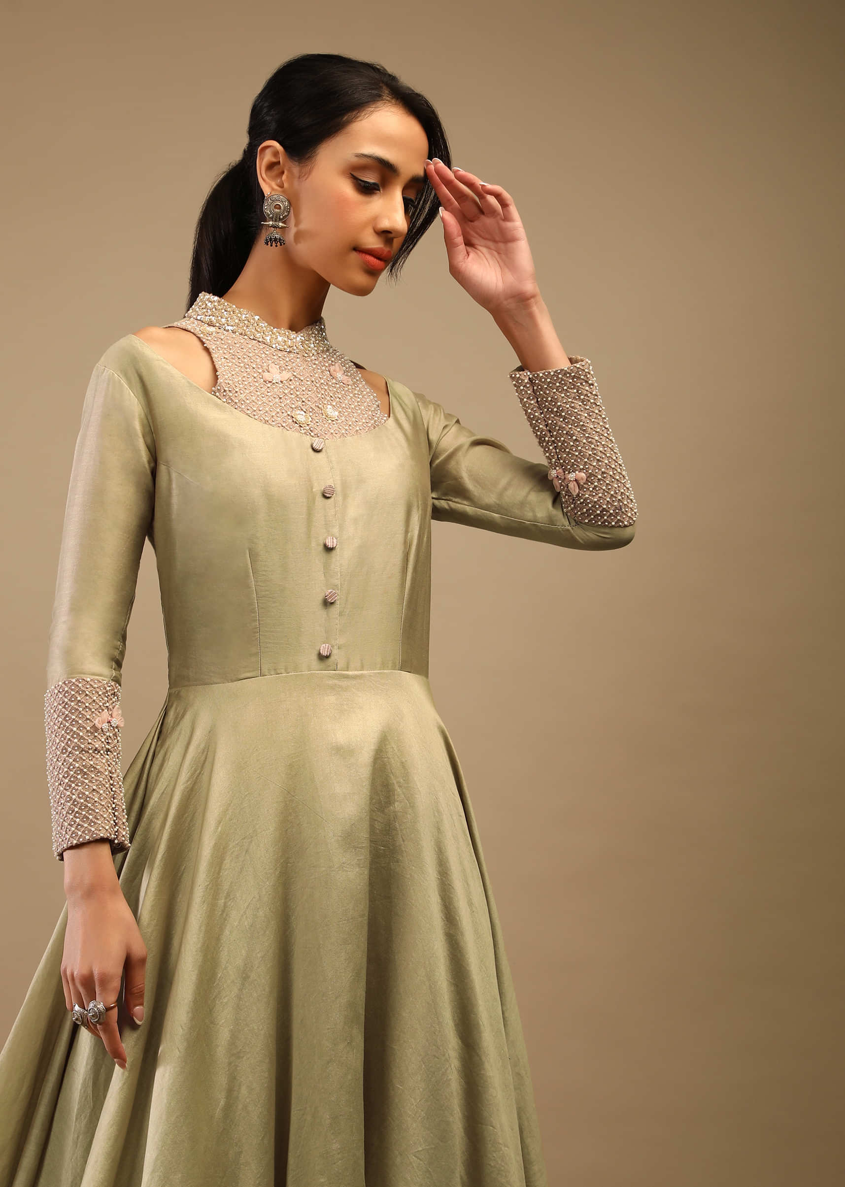 Pale Olive Indowestern Dress With Cut Outs On The Neckline And Moti Embroidery  