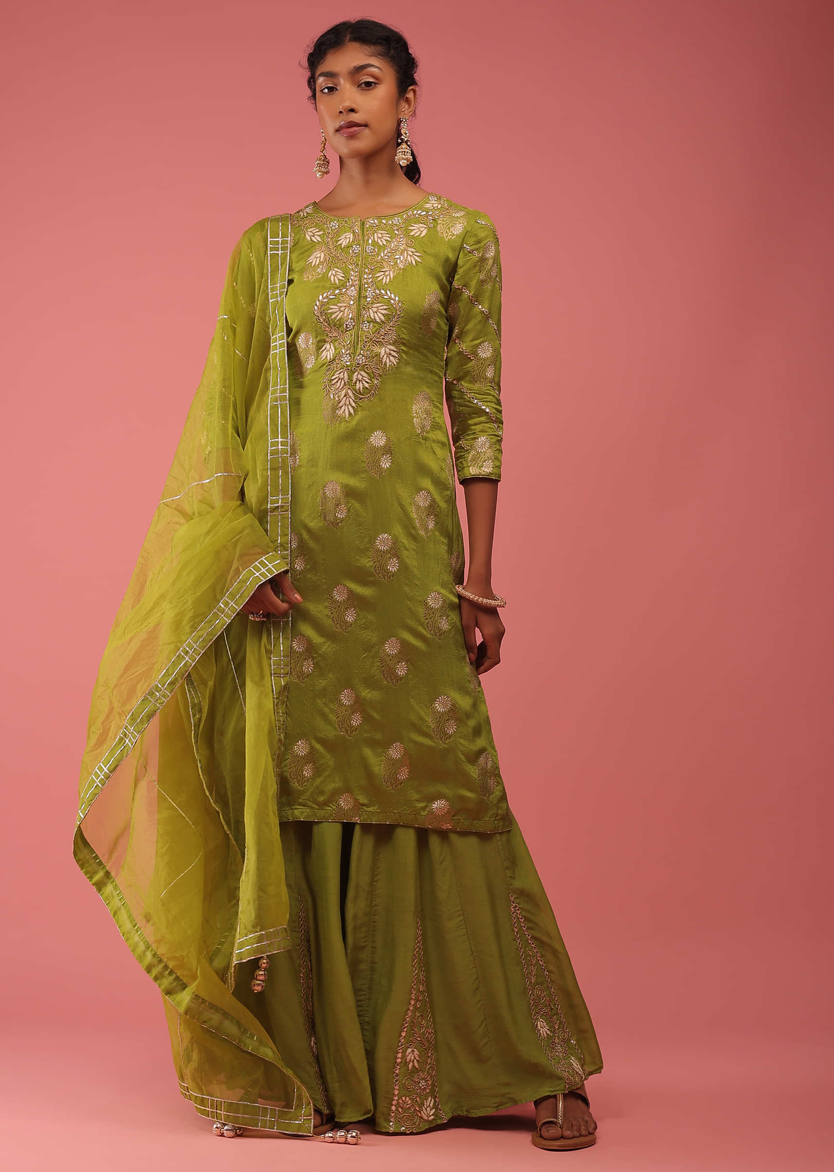 Palm Green Sharara Suit In Golden Zari Embroidery, Crafted In Cotton With Front Hooks Closure On The Yoke